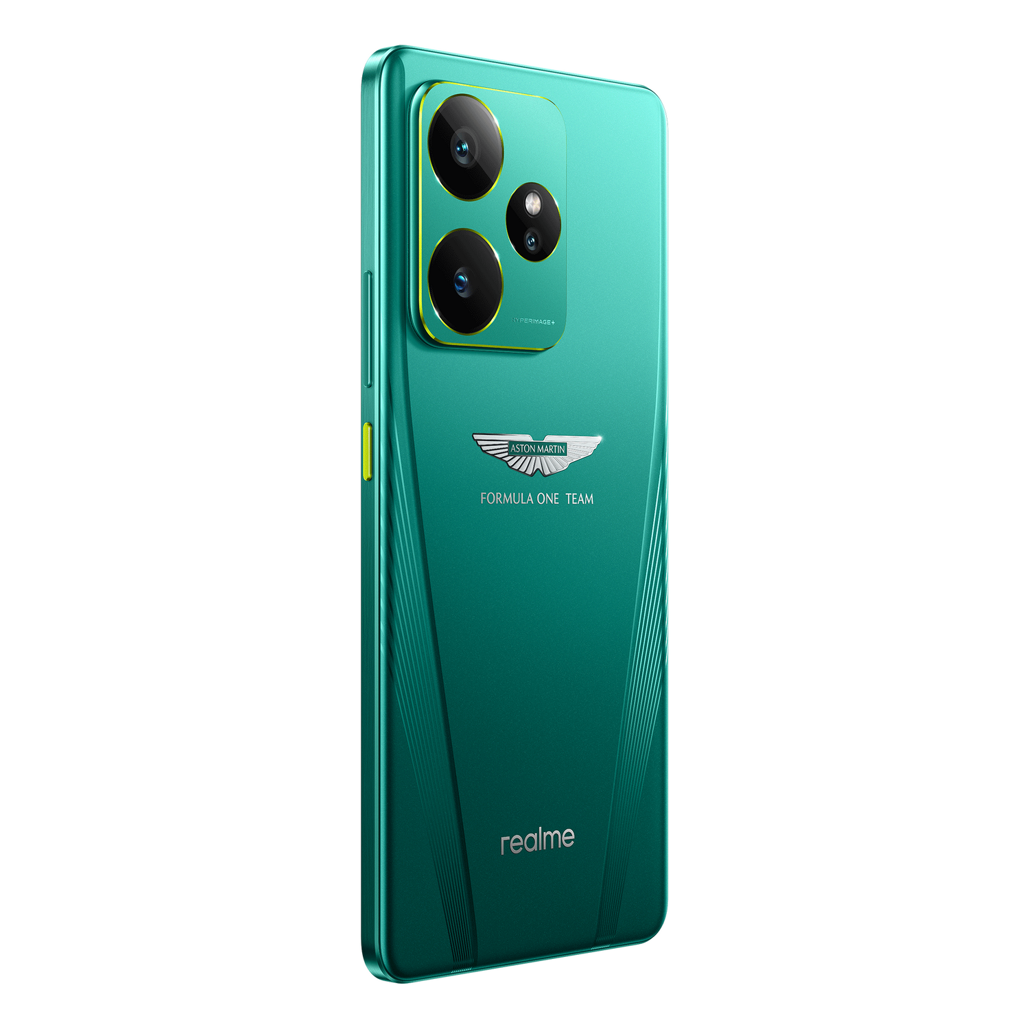 Smartphone verde con cámaras y logo Aston Martin, vista trasera. Logo Realme visible, verde.