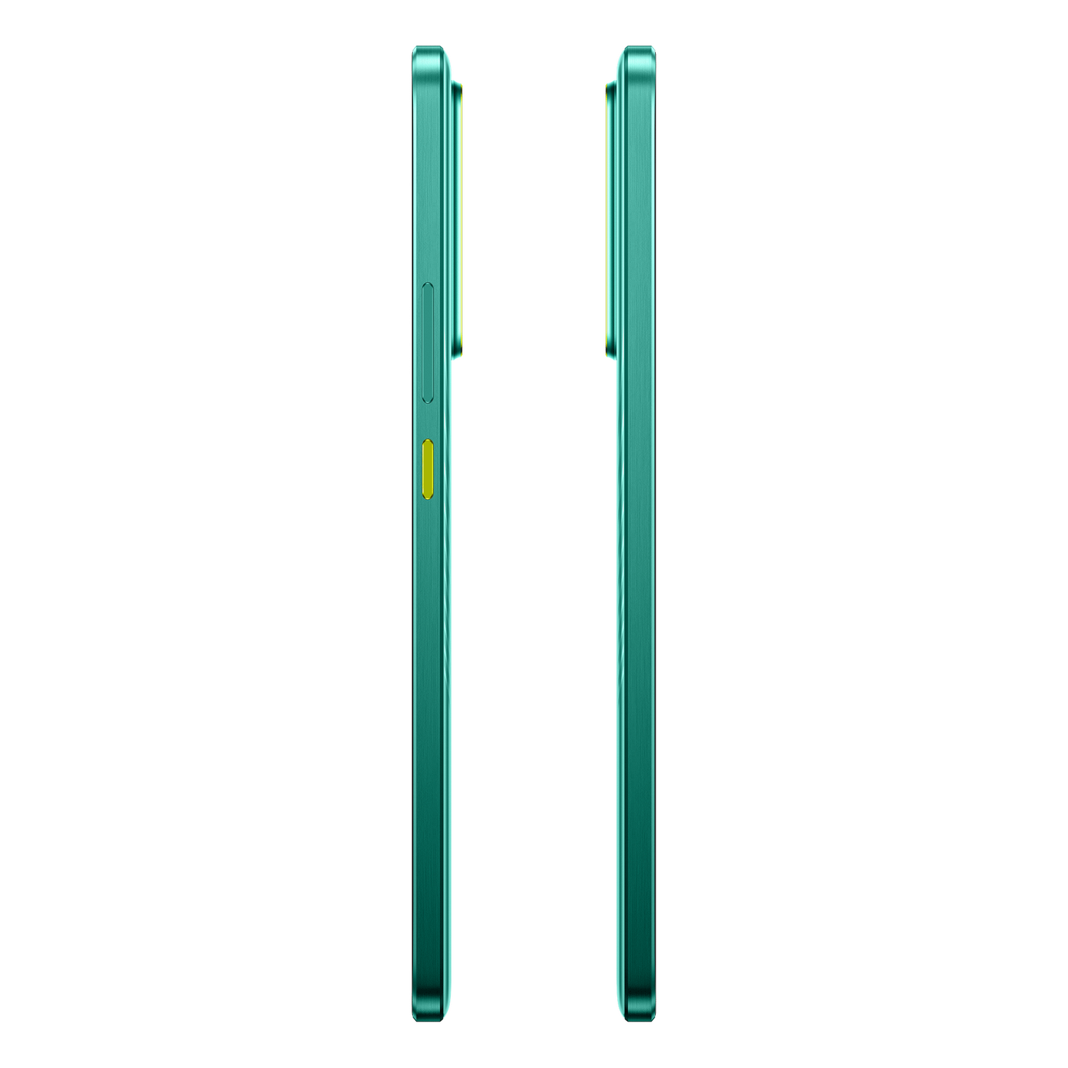 Dos vistas laterales de un smartphone verde azulado, que muestra el borde con botones.