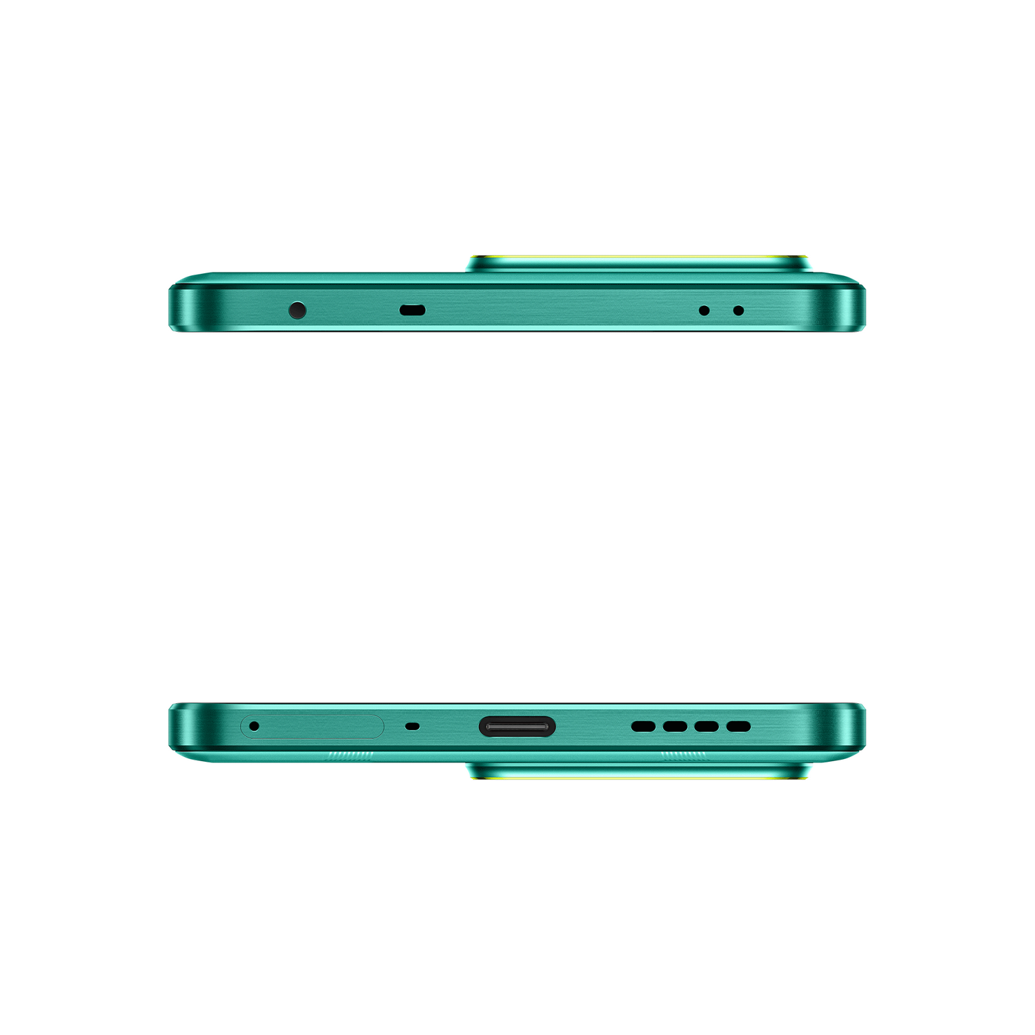 Teléfono inteligente verde, vista superior e inferior, fondo blanco. Muestra puertos, cámara y altavoces.