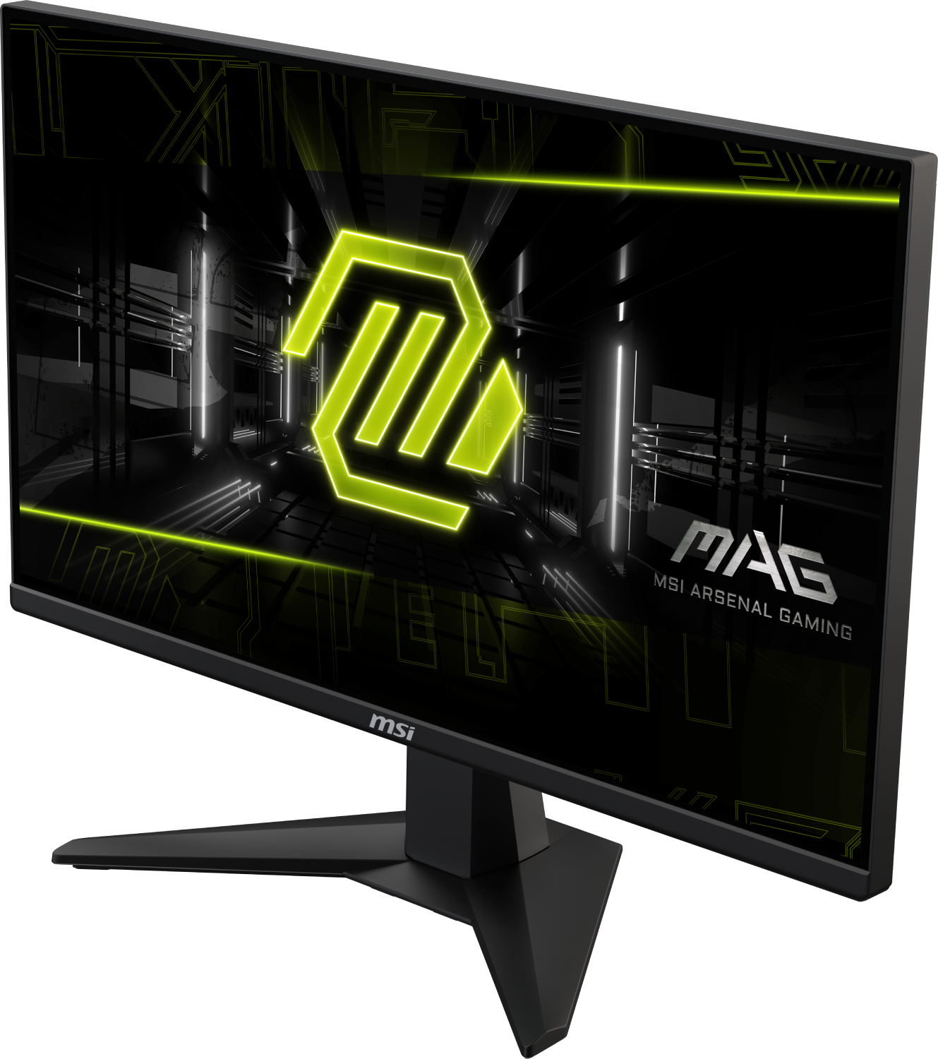 Monitor gaming MSI. Marco negro, logo verde neón en pantalla. Soporte negro. Vista en ángulo.