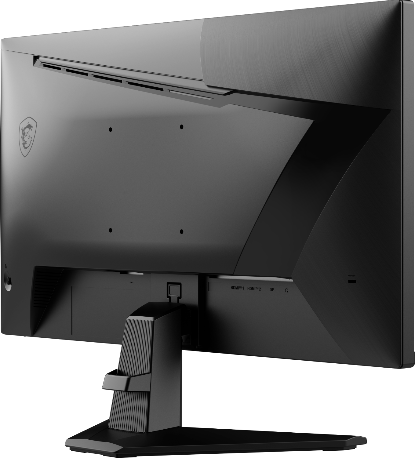 Monitor de computadora negro, vista trasera, con puertos y soporte, fondo negro.