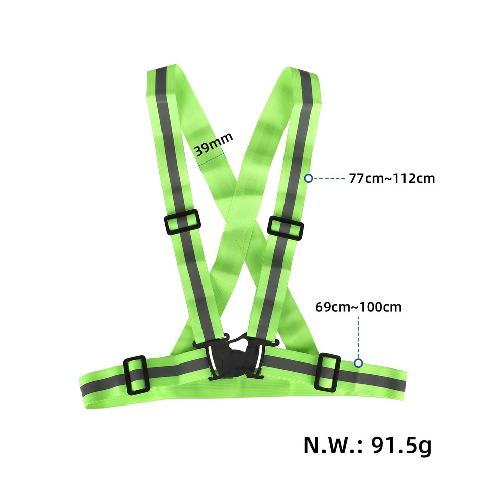 Un chaleco de seguridad verde neón con rayas reflectantes, hebillas negras y medidas de 39 mm, 77-112 cm y 69-100 cm.
