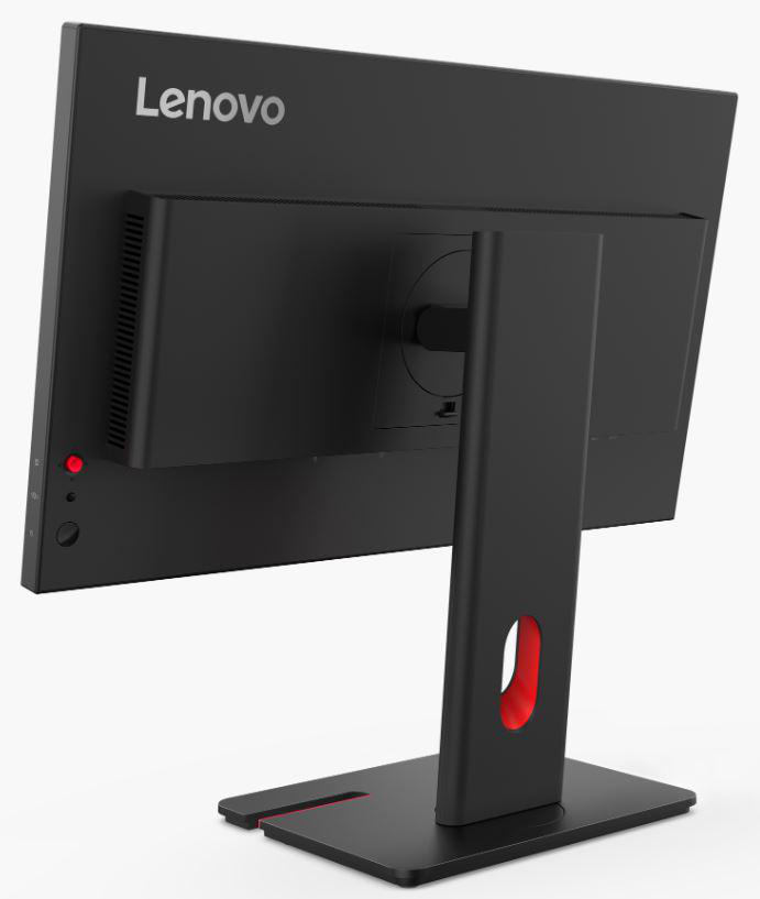 Rückseite eines schwarzen Lenovo-Monitors. Rotes Power-Licht.