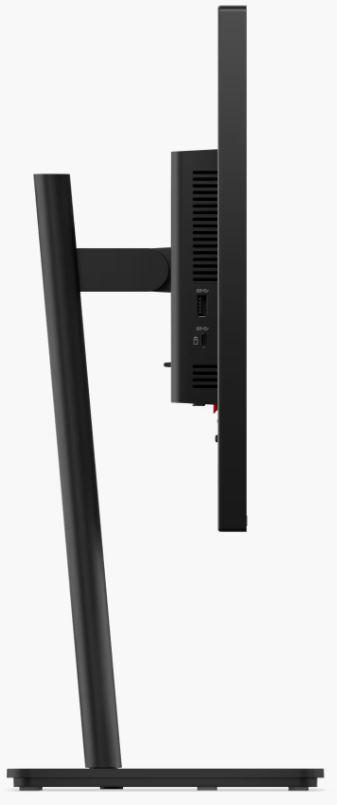 Seitenansicht eines schwarzen Lenovo-Monitors. Weißer Hintergrund.