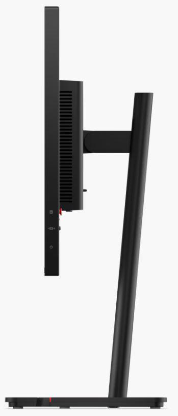 Seitenansicht eines schwarzen Lenovo-Monitors. Weißer Hintergrund.