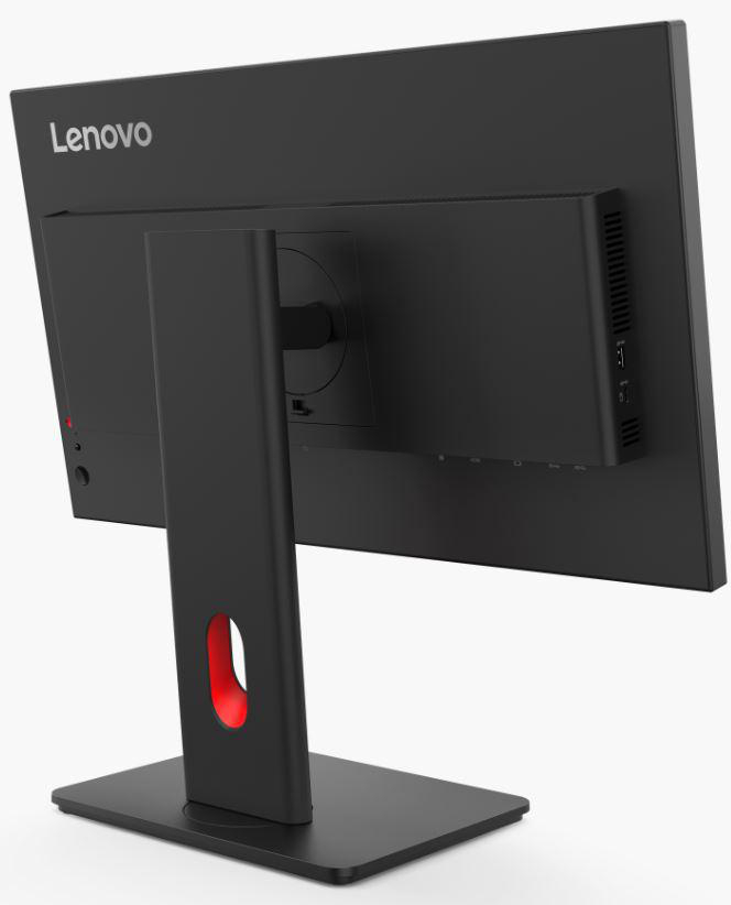 Rückseite eines schwarzen Lenovo-Monitors. Rotes Loch im Ständer.