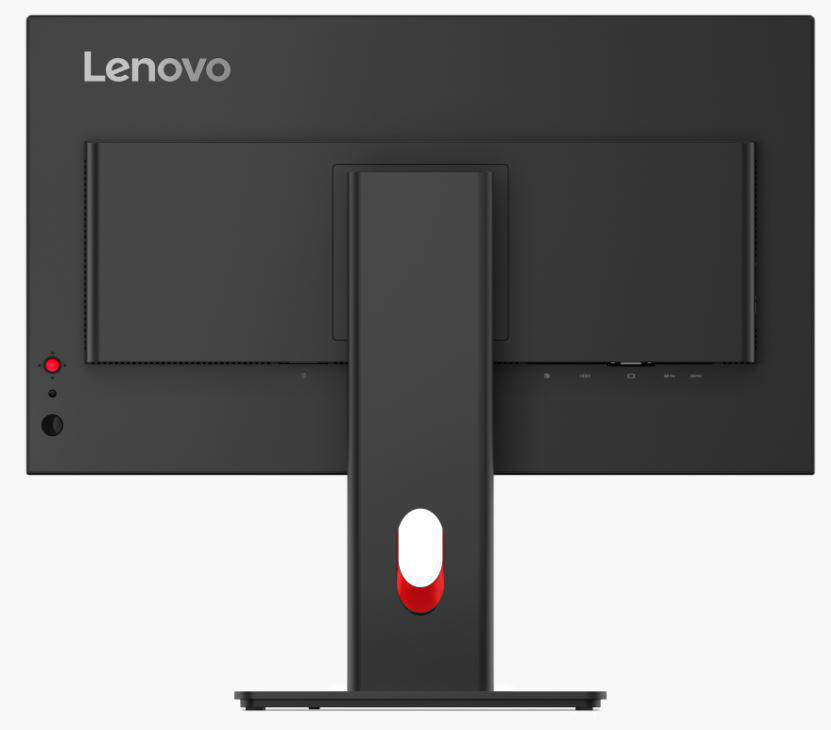 Rückseite eines schwarzen Lenovo-Monitors. Rotes Powerlicht. Weißer Hintergrund.
