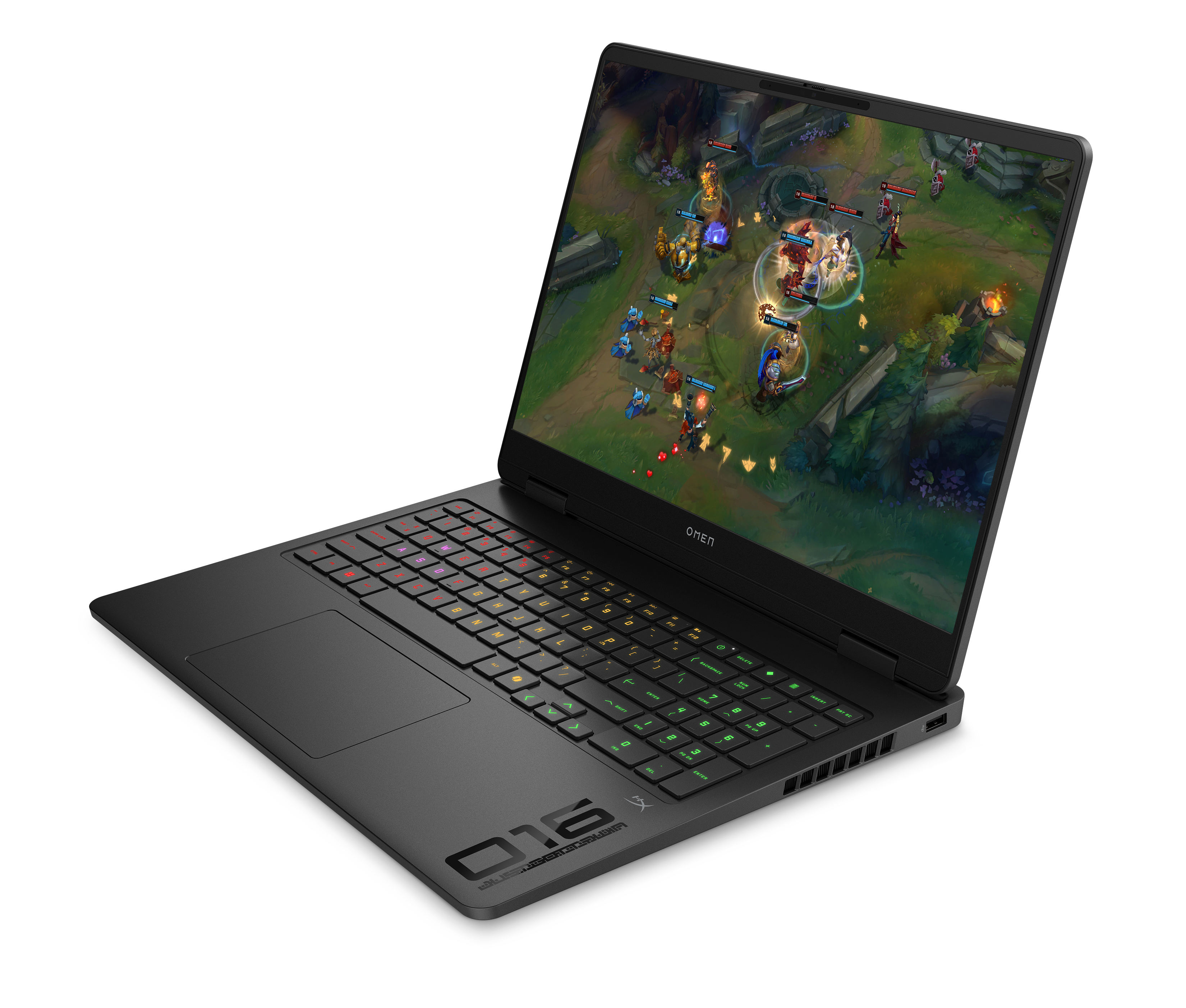 Ein schwarzer Omen-Laptop mit einem Spiel auf dem Bildschirm, das eine Kampfszene zeigt.