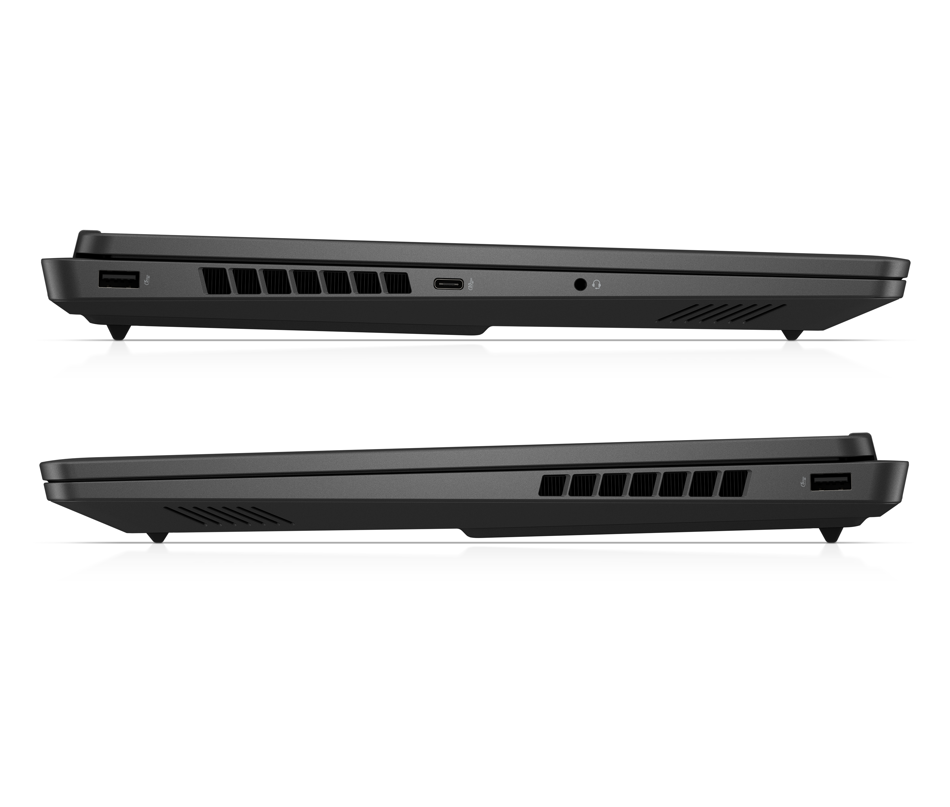 Laptop-Seitenansicht, Lüftungsschlitze sichtbar, schwarz, zwei Laptops gestapelt.