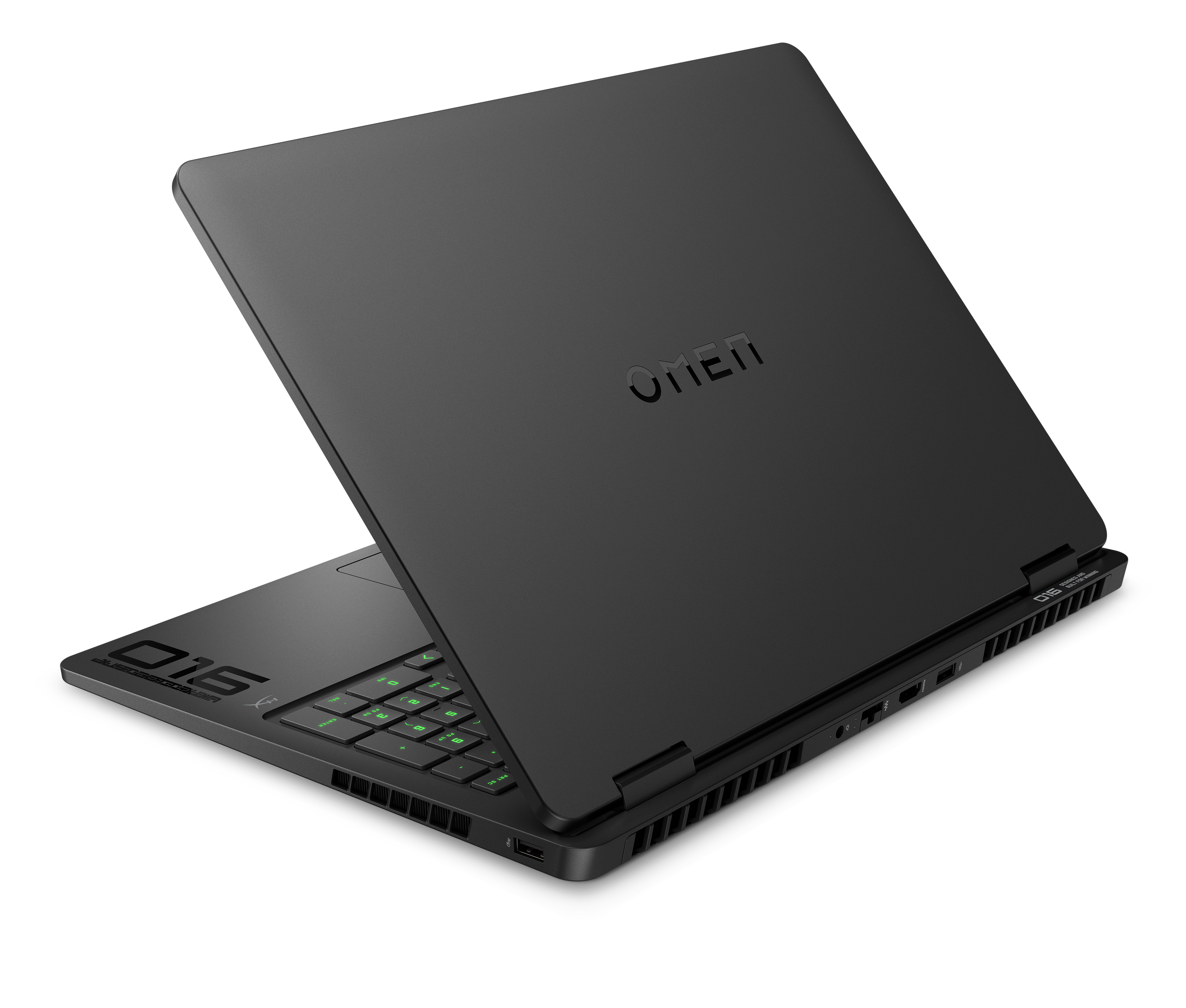 Schwarzer Laptop. OMEN-Logo oben. Grüne Tasten, auf Tisch geöffnet.