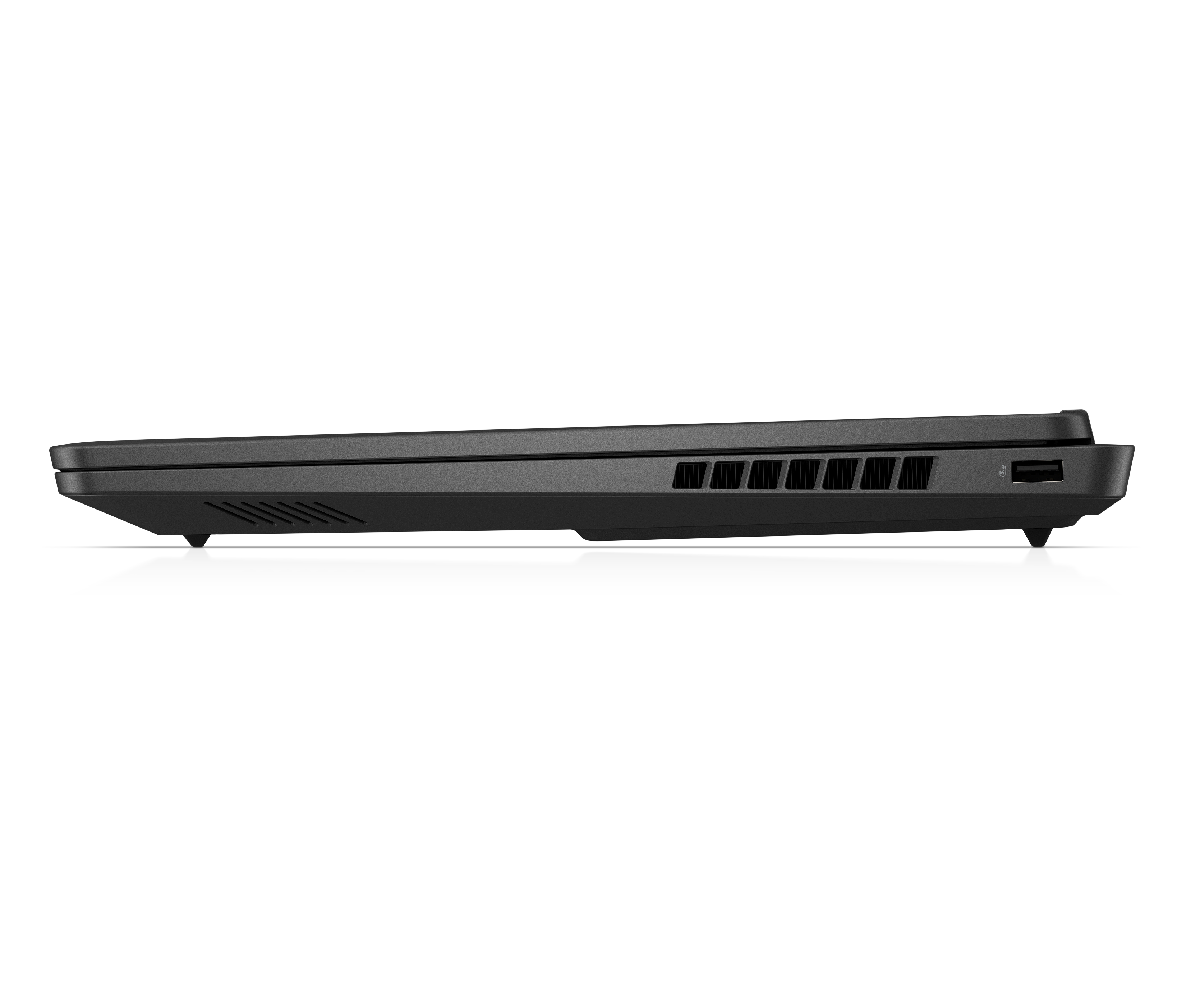 Laptop-Seitenansicht, schwarz mit Lüftungsschlitzen. Der Laptop ist geschlossen. Schwarzer Hintergrund.