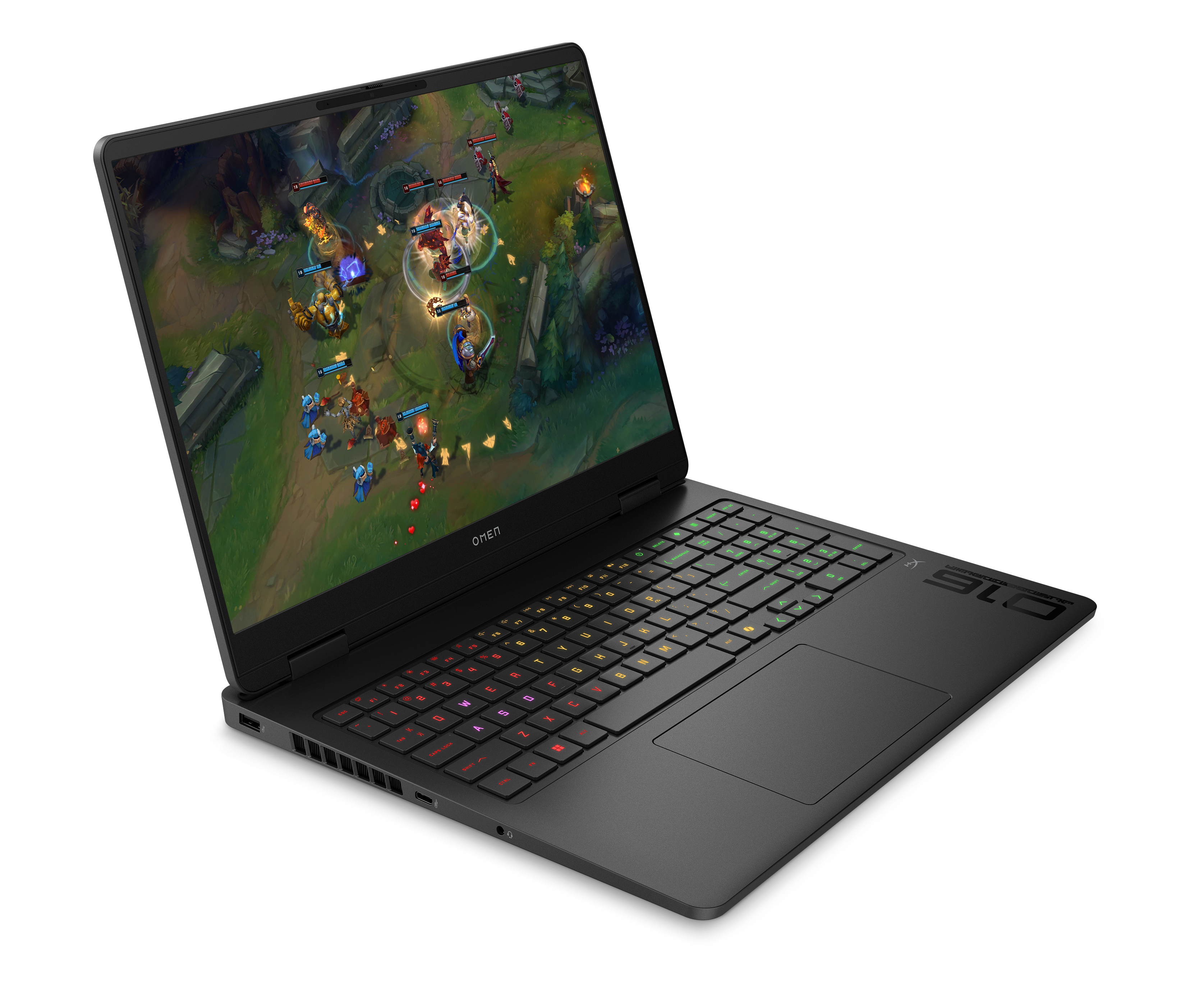 Laptop mit Spiel auf dem Bildschirm. OMEN-Laptop mit farbig beleuchteter Tastatur.