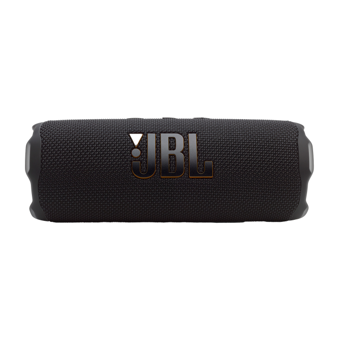 Schwarzer Lautsprecher mit goldenem Logo und JBL-Branding, von vorne gesehen.