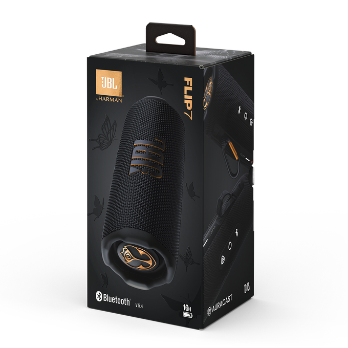 Schwarzer Lautsprecher mit JBL-Logo in einer Box, mit einem Bild des Lautsprechers.