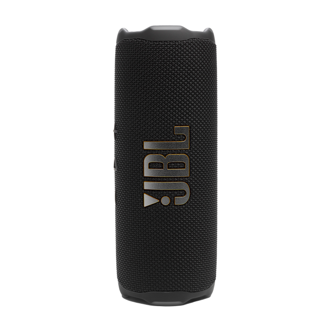 Schwarzer Lautsprecher mit dem JBL-Logo in Gold. Von vorne betrachtet.
