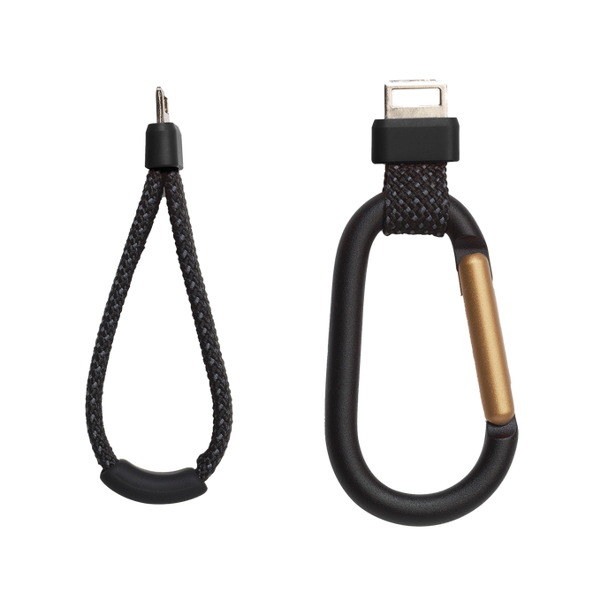 Schwarze und graue Ladekabel mit einem Stecker und einer schwarzen Schlaufe.