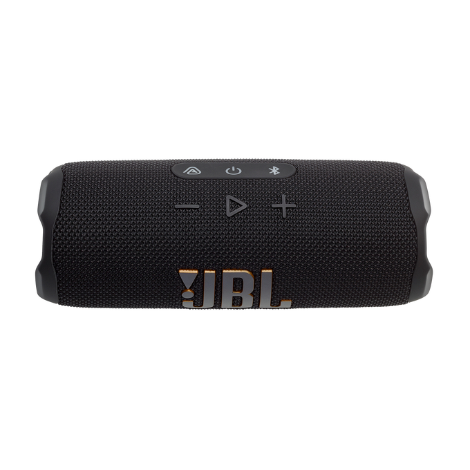 Schwarzer Lautsprecher mit Knöpfen und JBL-Logo. Von vorne gesehen.