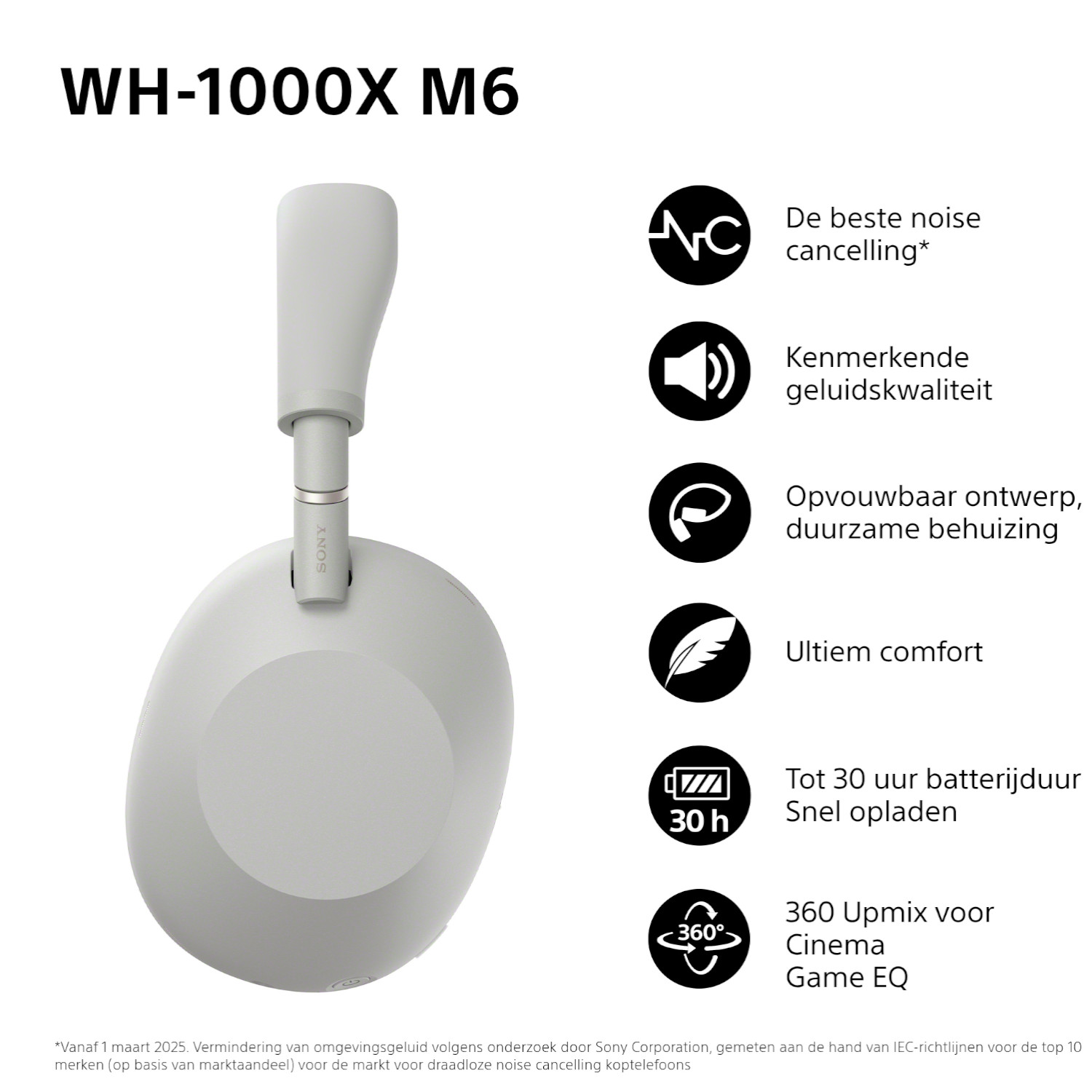 Witte koptelefoon met tekst. Noise cancelling, geluidskwaliteit, comfort.