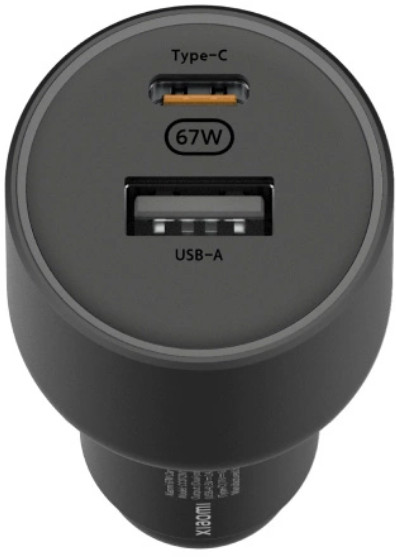 Czarna ładowarka samochodowa z portem USB-A i Type-C.