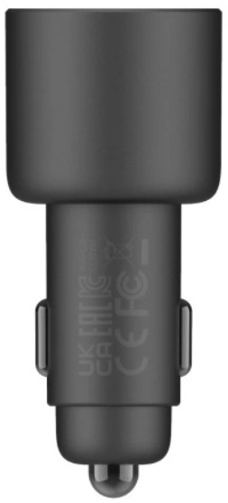 Czarna ładowarka samochodowa. Posiada oznaczenia UK, CA i CE FC.