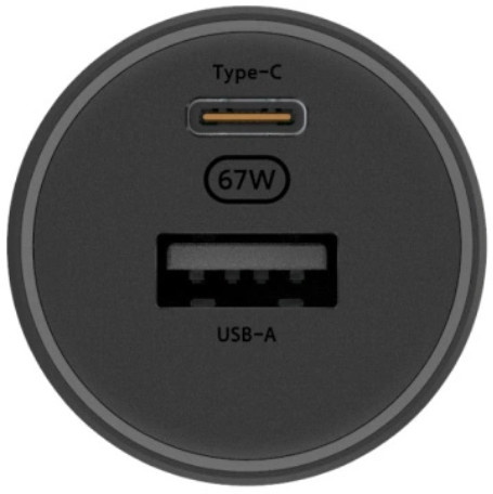 Czarna ładowarka samochodowa z portami USB-A i Type-C oraz oznaczeniem '67W'.