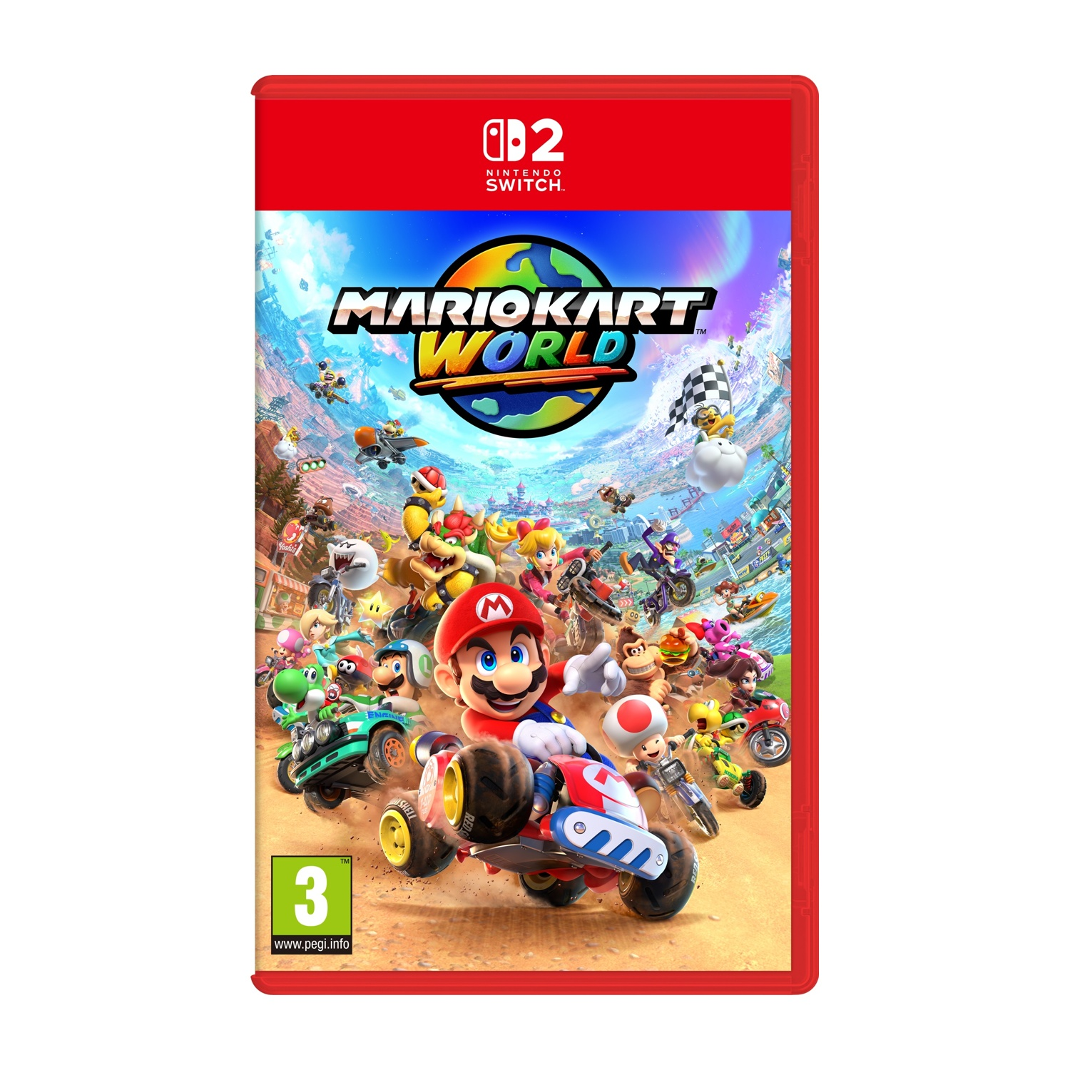 Copertina del gioco Nintendo Switch: personaggi di Mario Kart in corsa. Cornice rossa, cielo blu, scena di corsa e logo.