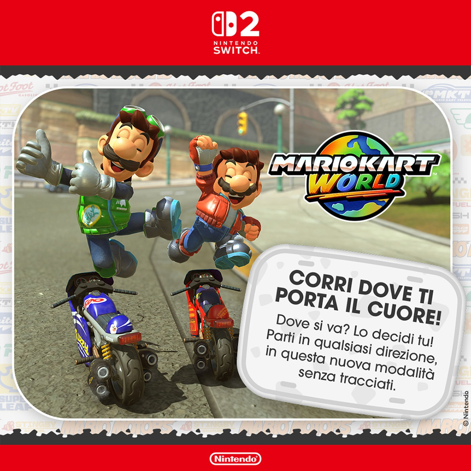 Gioco Nintendo Switch: Mario e Luigi con moto. Personaggi colorati in pista con testo. Cielo blu.