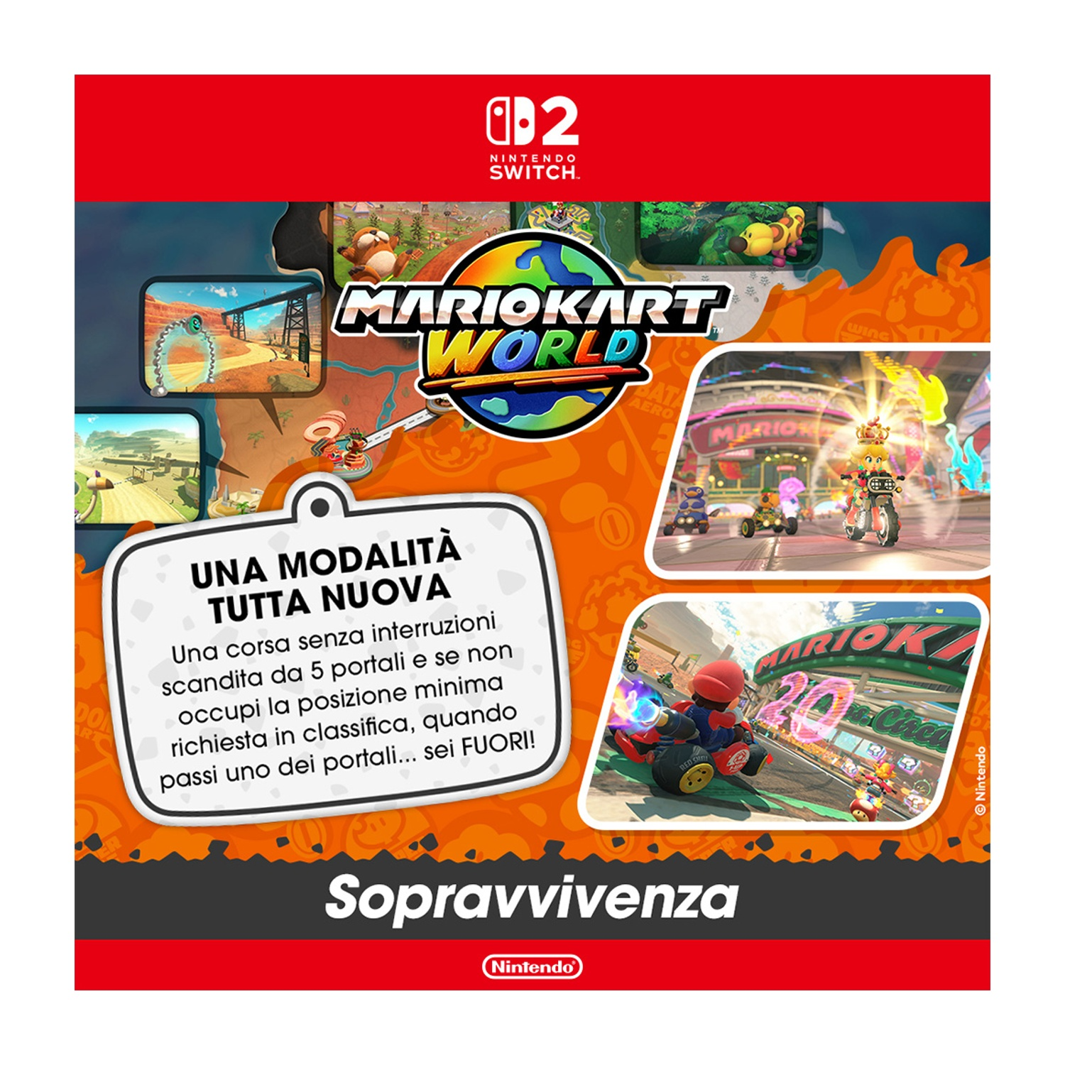 Gioco Nintendo Switch: scena di corsa, personaggi, caselle di testo e azione su una pista. Cielo blu. Cornice rossa, logo.