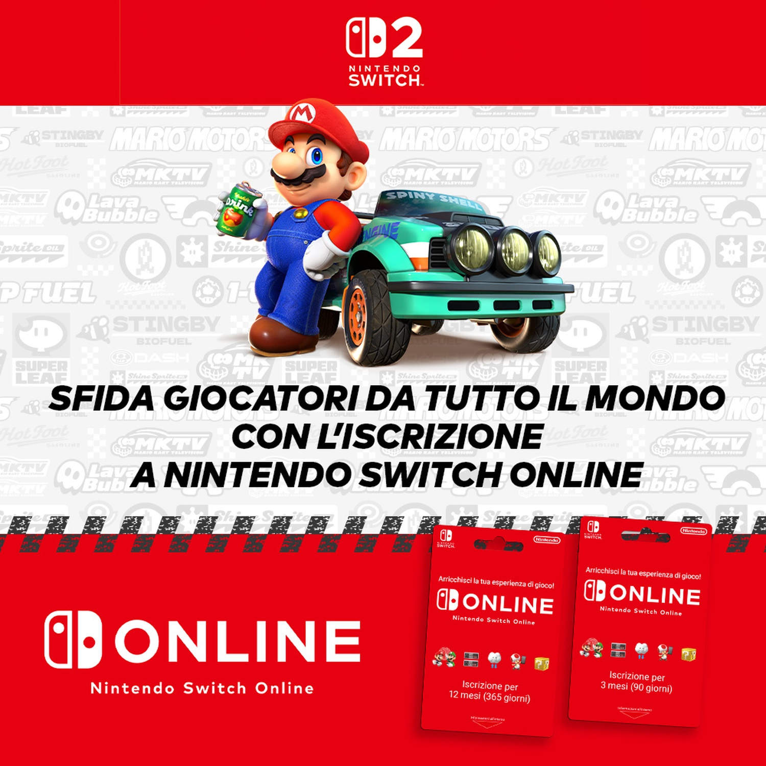 Gioco Nintendo Switch con Mario, un'auto e testo. Cornice rossa, cielo blu, Mario che tiene una bevanda e testo online.