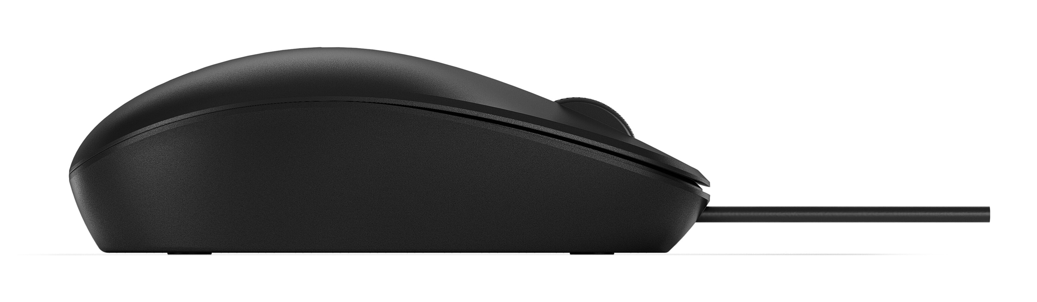 Seitenansicht einer schwarzen HP-Maus. Ovale Form mit Kabel. Weißer Hintergrund.