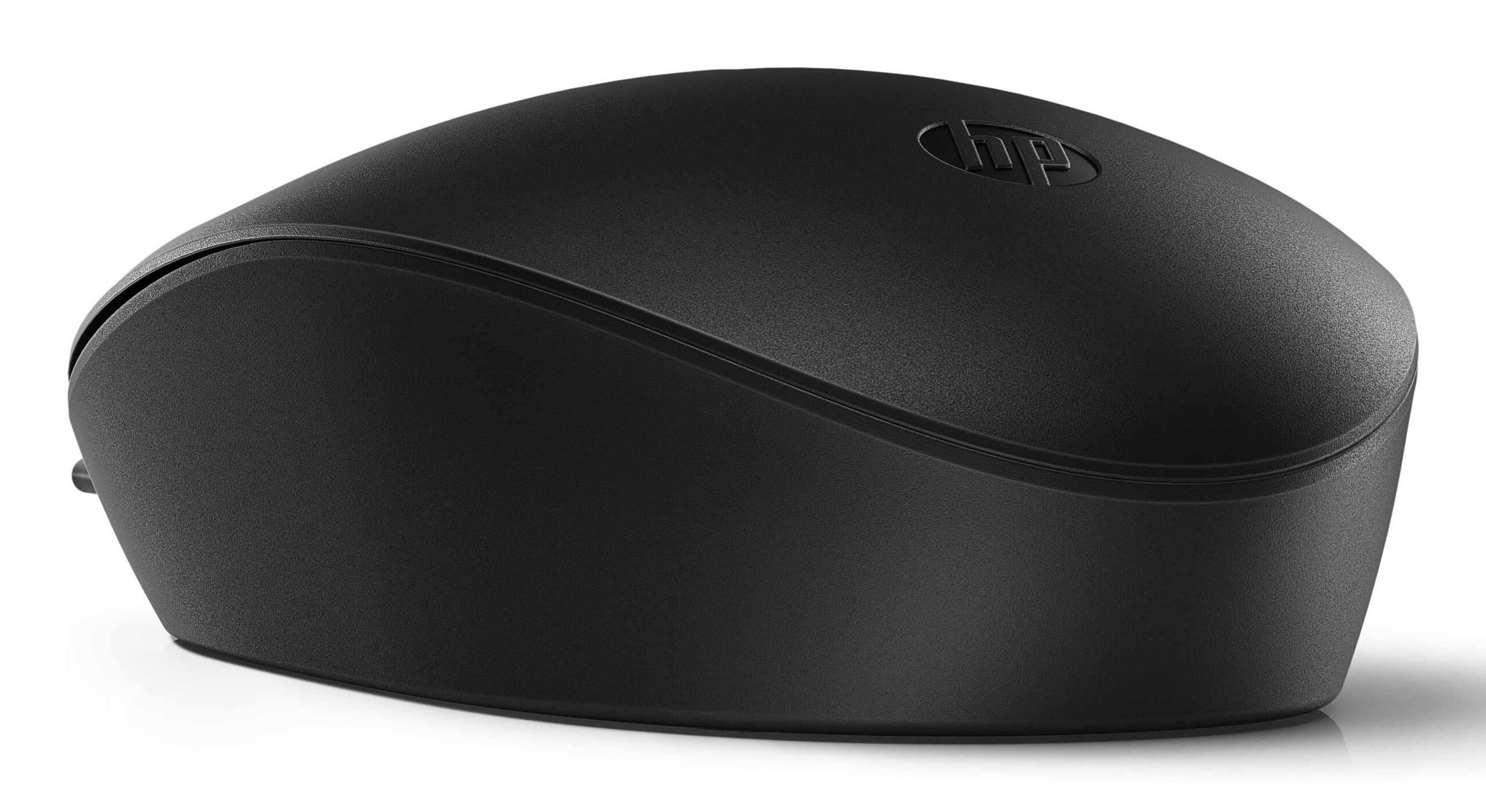 Schwarze HP-Maus. Schräge Ansicht, ovale Form. Weißer Hintergrund.