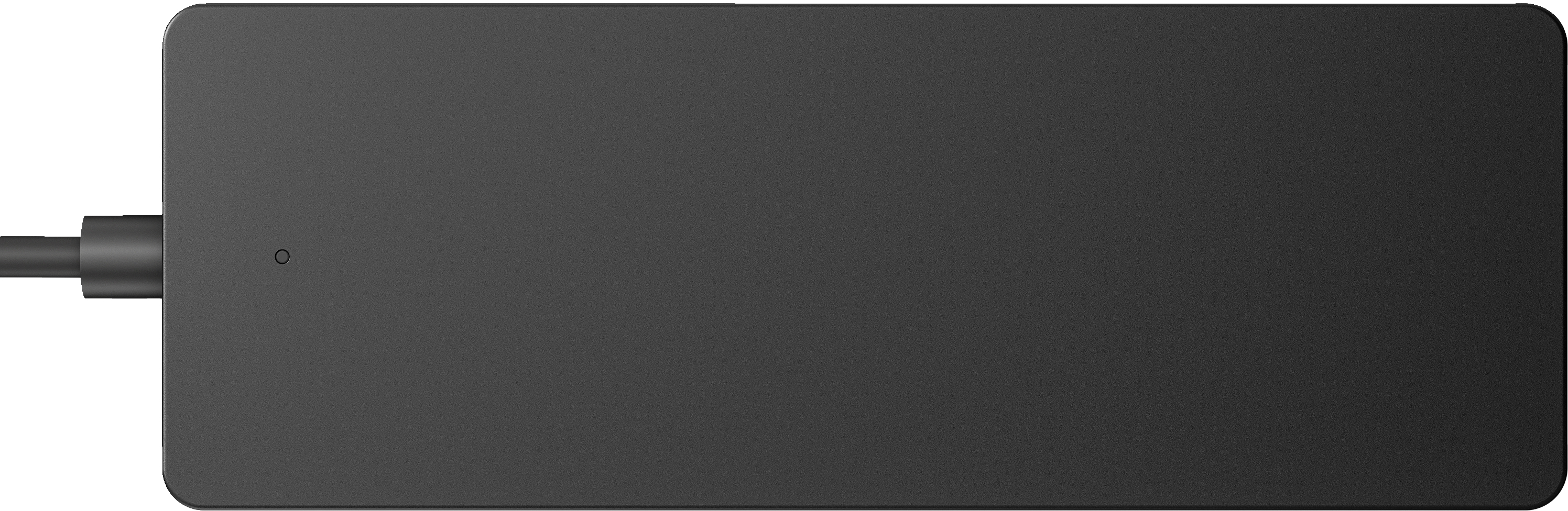 Schwarzes Netzteil mit Kabel und Ladeanschluss. Weißer Hintergrund.