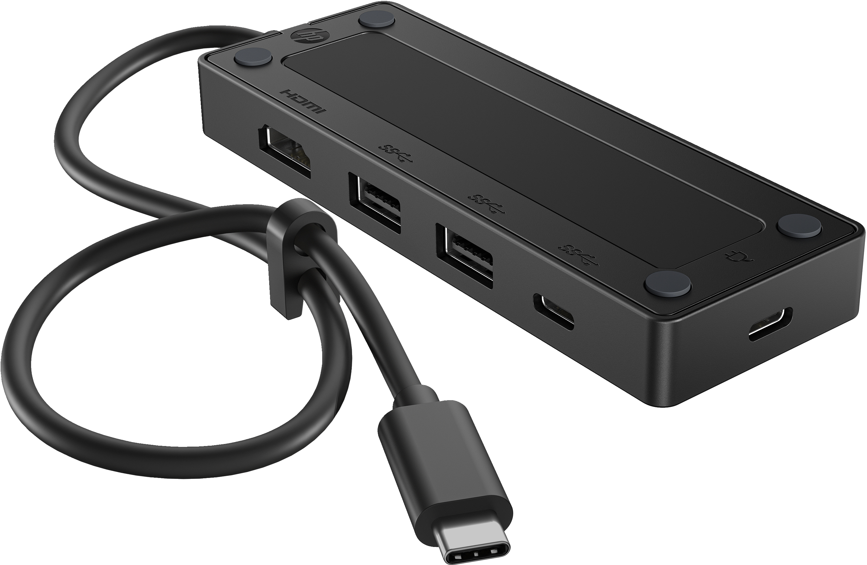 Schwarzer Hub mit mehreren Anschlüssen, Kabel und Clip. Weißer Hintergrund.