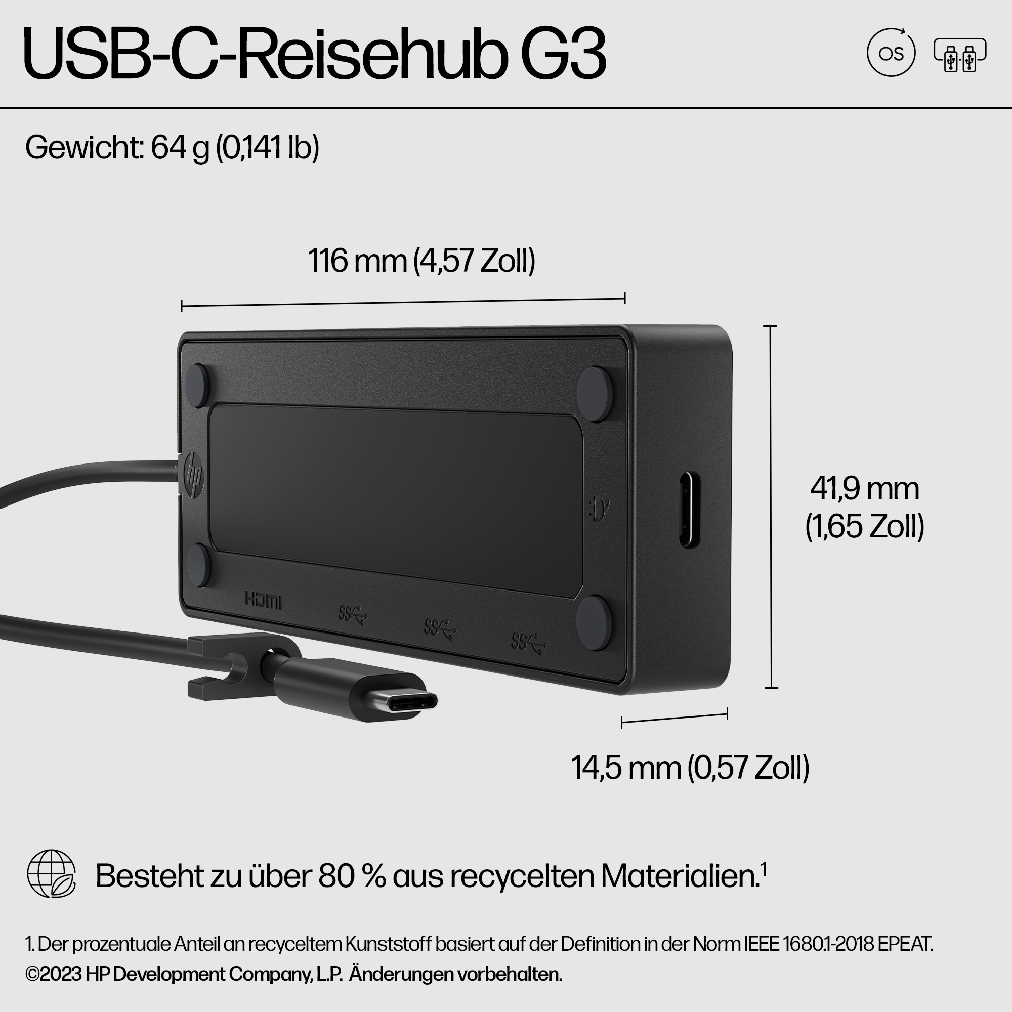 Schwarzer Hub mit Anschlüssen und Abmessungen. Text auf Deutsch. Weißer Hintergrund.