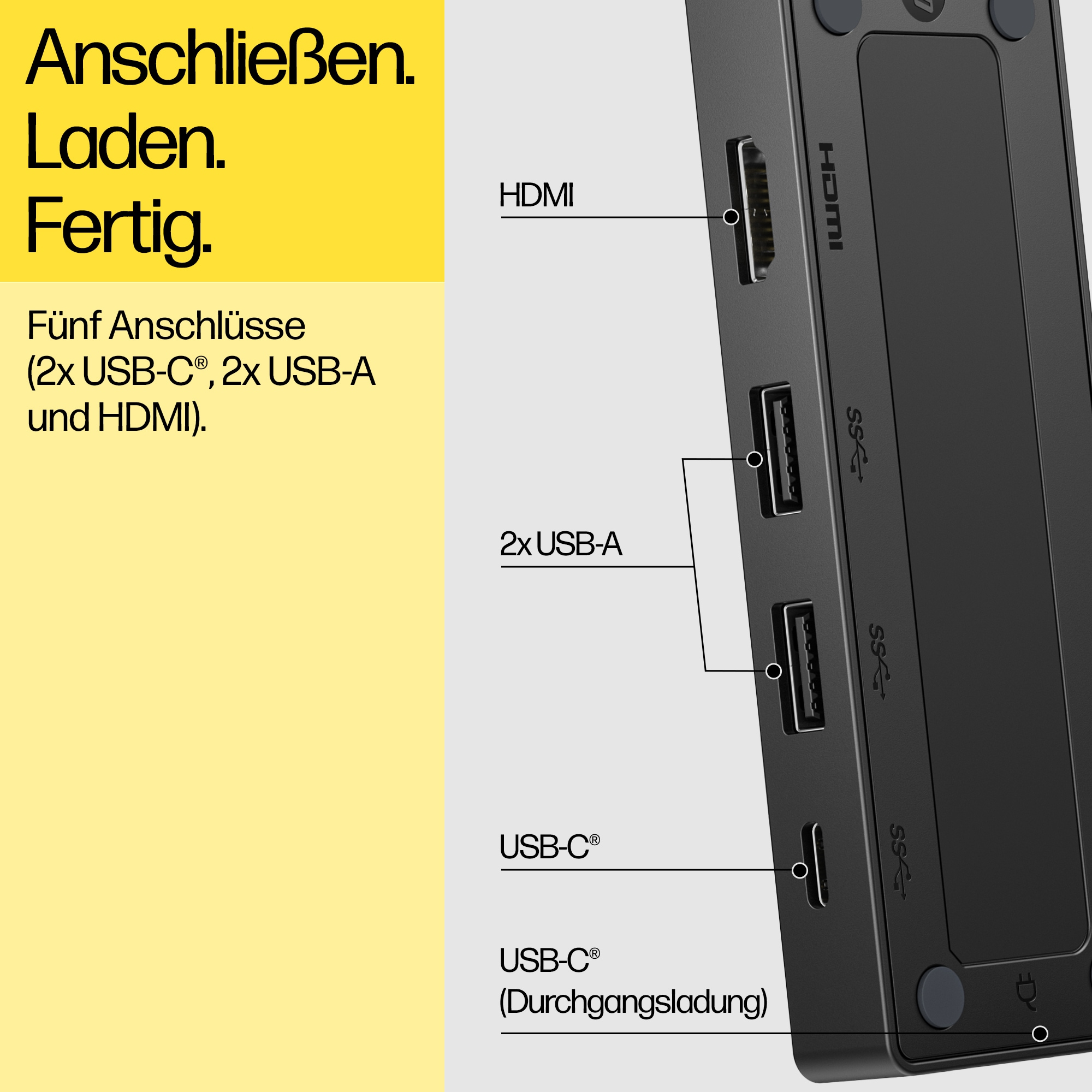 Nahaufnahme der schwarzen Hub-Anschlüsse mit Beschriftungen. Weißer Hintergrund.