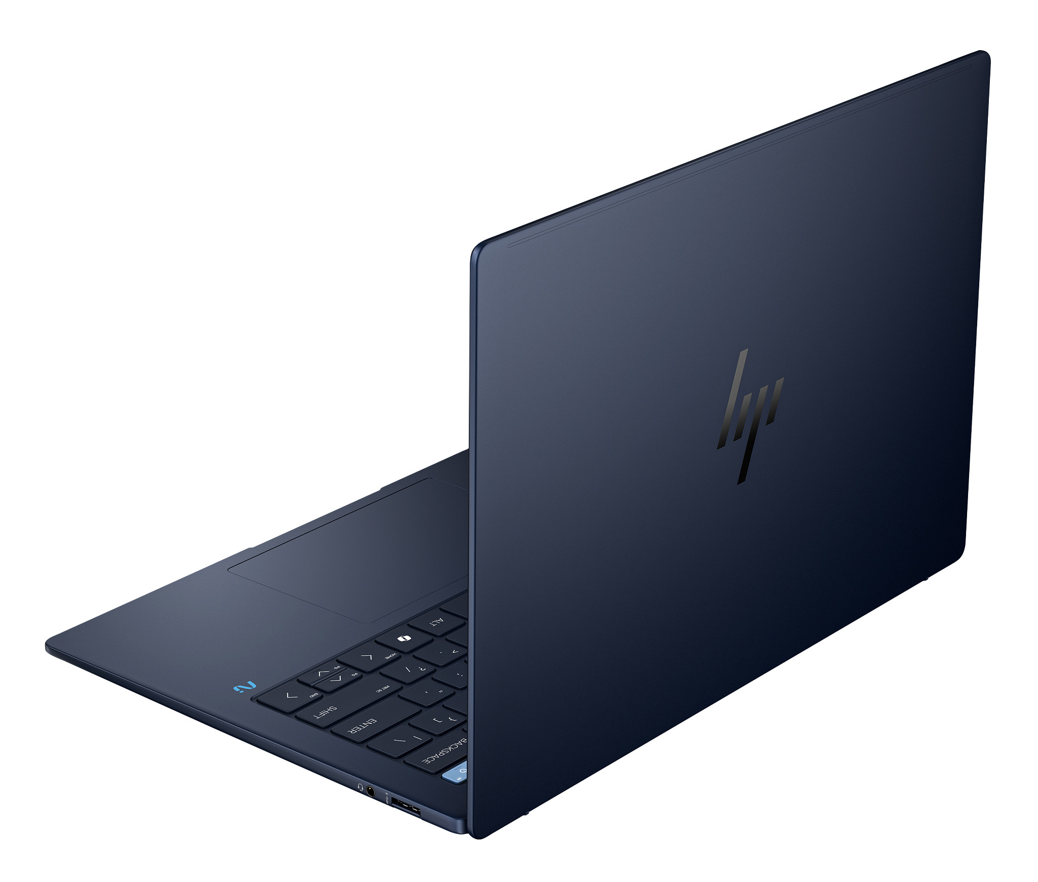 Laptop mit HP-Logo. Marineblaue Farbe. Tastatur sichtbar. Weißer Hintergrund.
