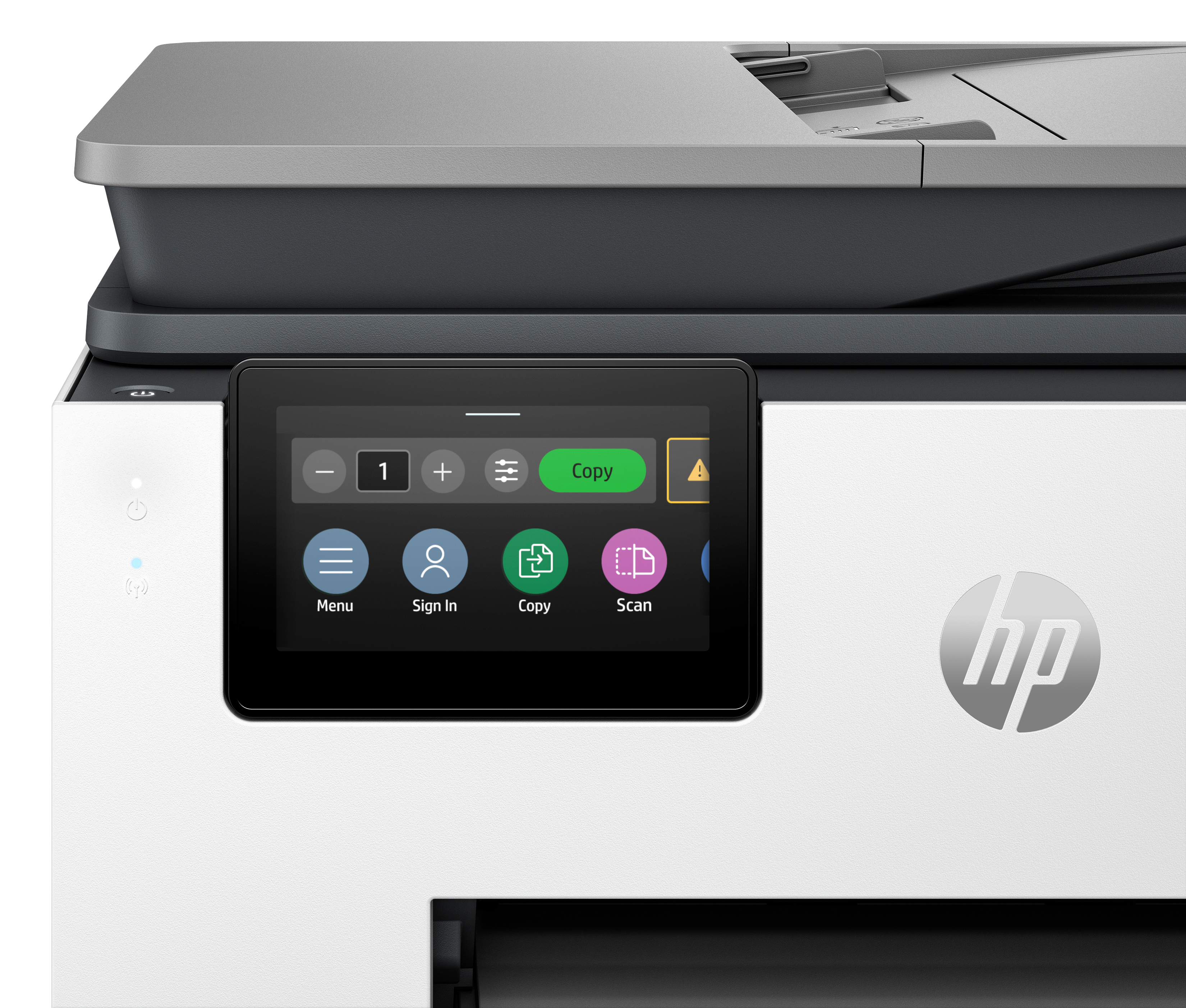 Ein HP-Drucker mit Bildschirm, der Optionen wie Kopieren und Scannen anzeigt. Der Drucker ist weiß und grau.