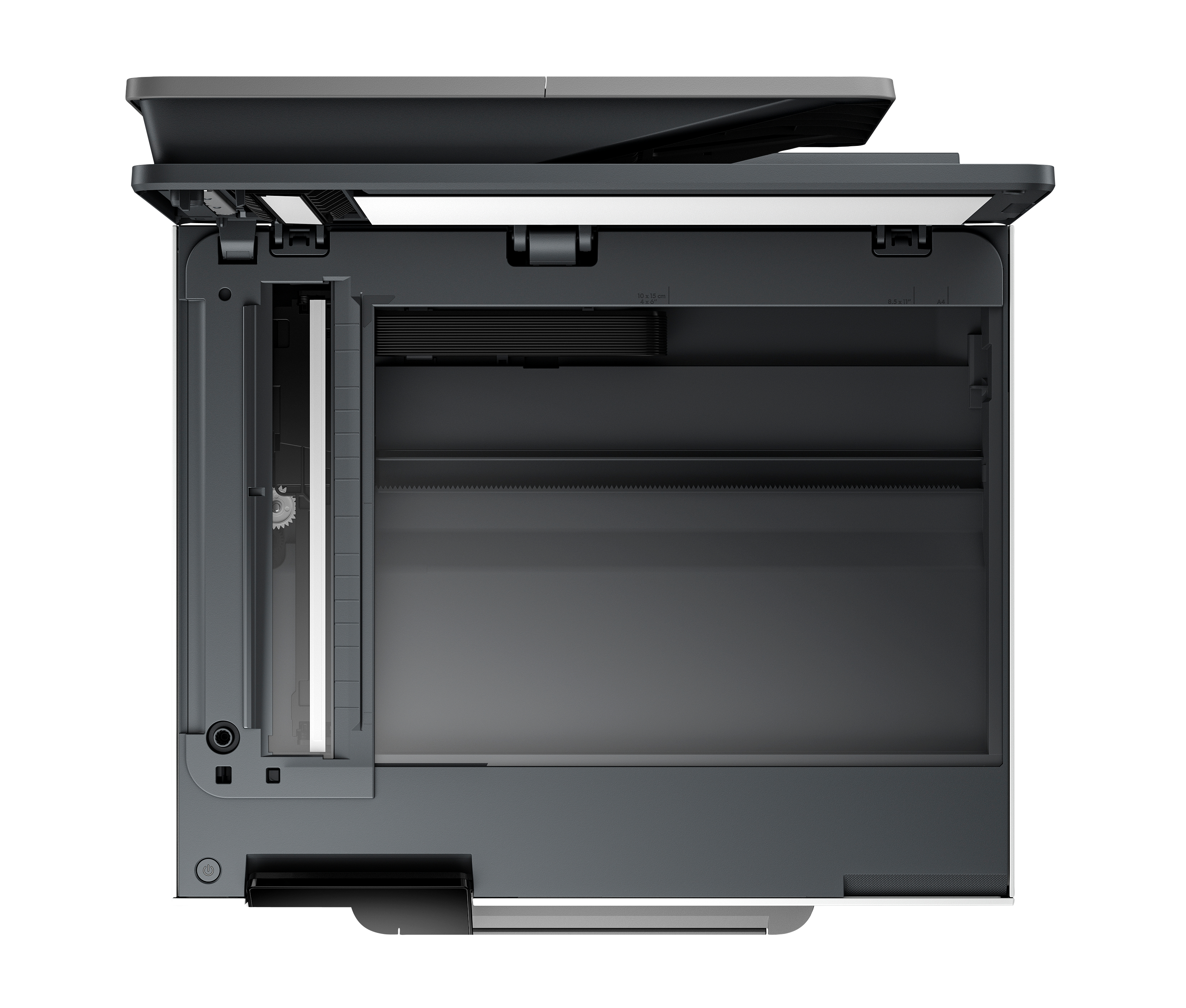 Die Draufsicht auf einen Drucker. Er hat einen Scanner und ein Papierfach.