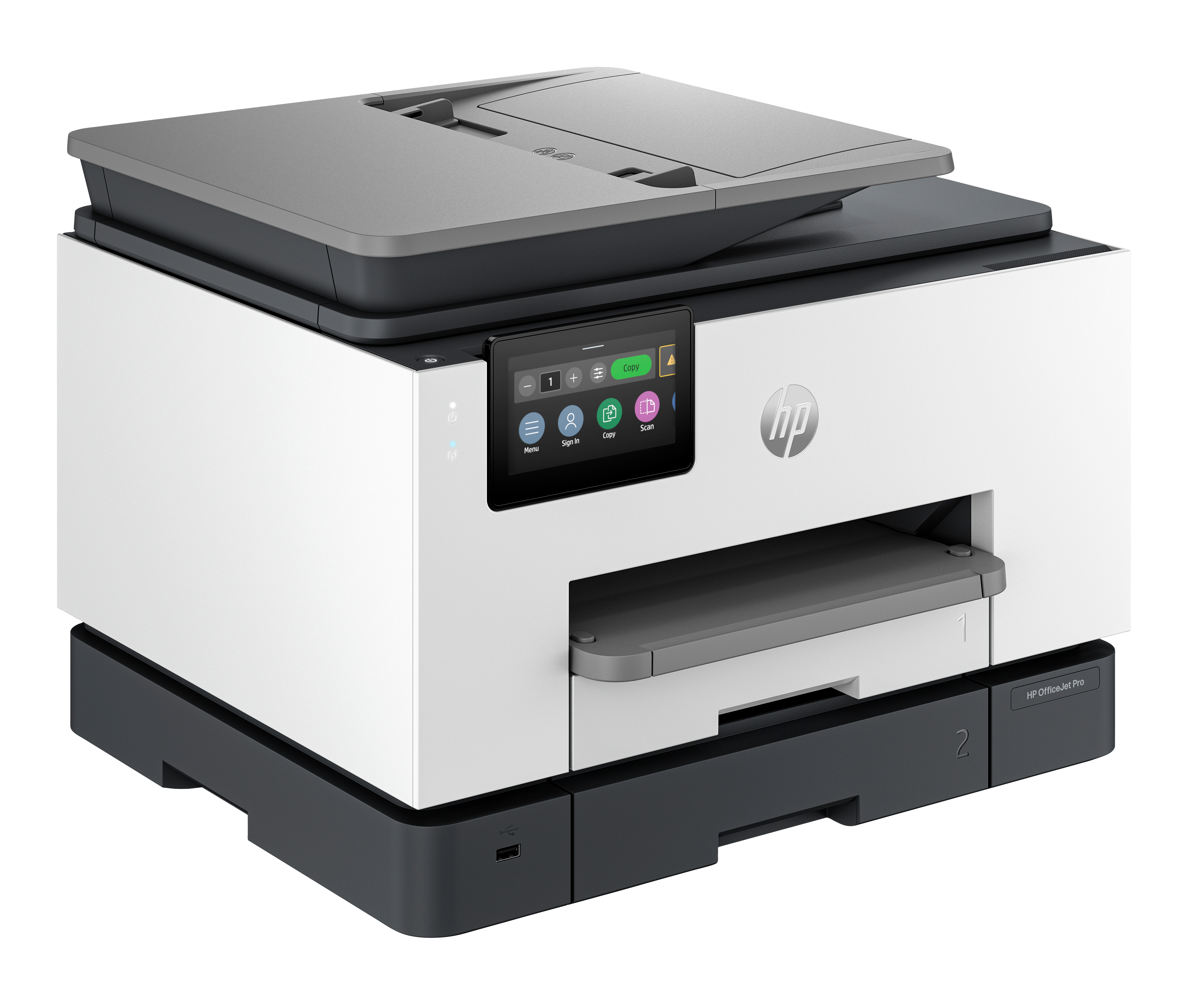 Ein HP-Drucker mit einem Bildschirm, der Optionen anzeigt. Der Drucker ist weiß und grau.
