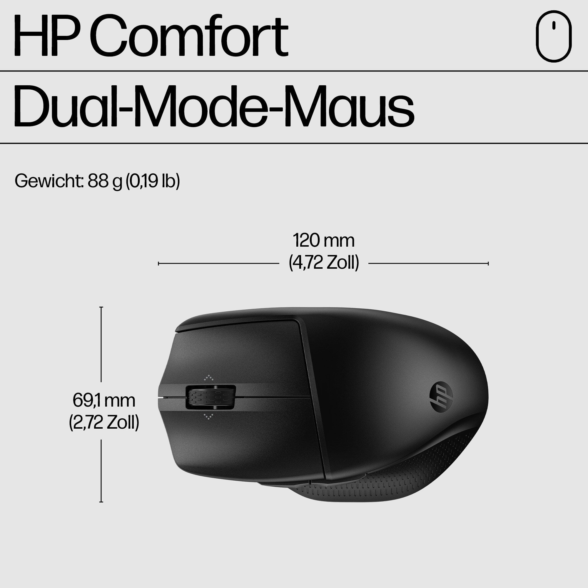 Eine schwarze Dual-Mode-Maus mit Abmessungen und dem HP-Logo.