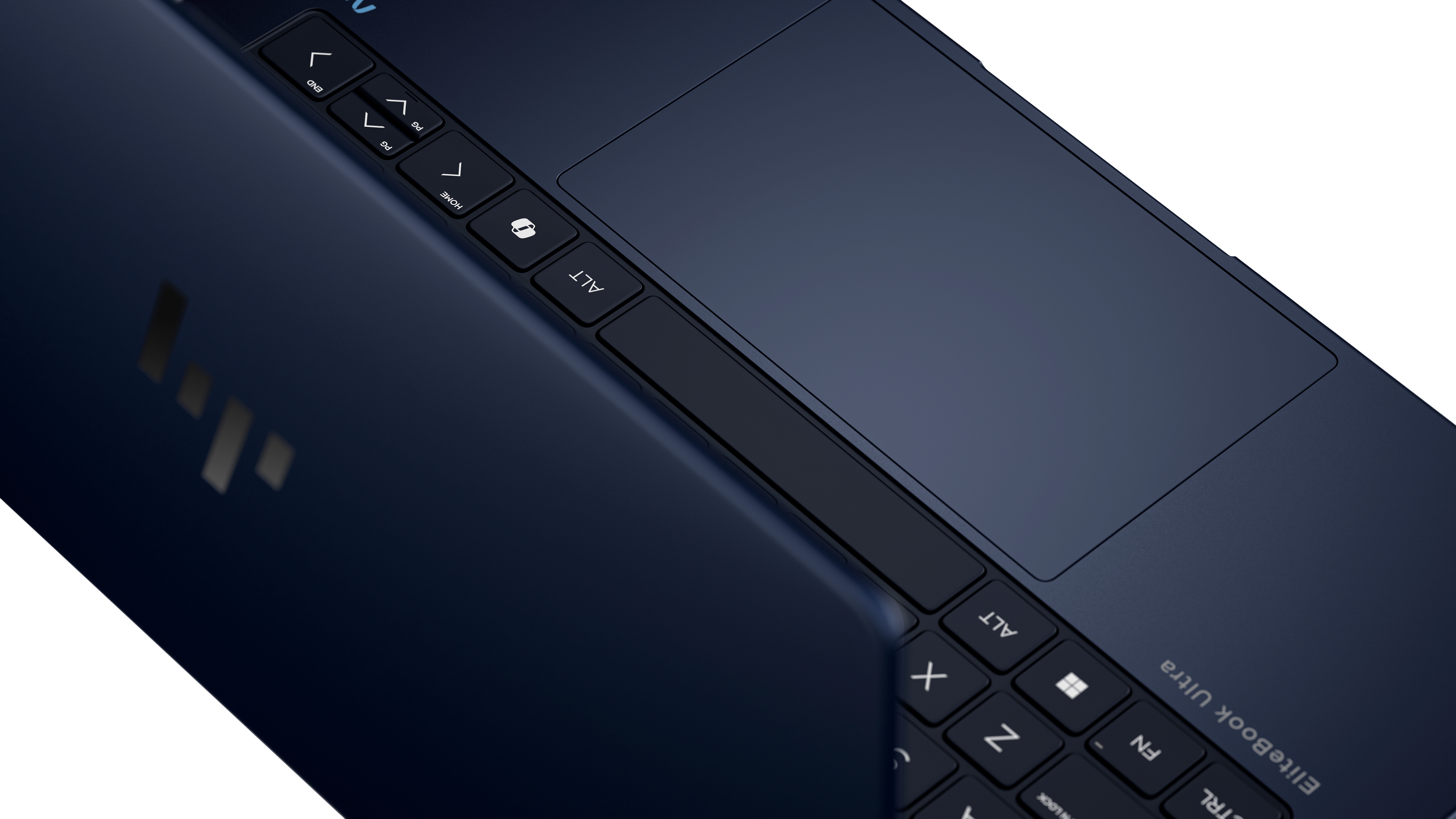 Nahaufnahme der Tastatur, des Touchpads und des Textes 'Elitebook Ultra' eines dunkelblauen Laptops.
