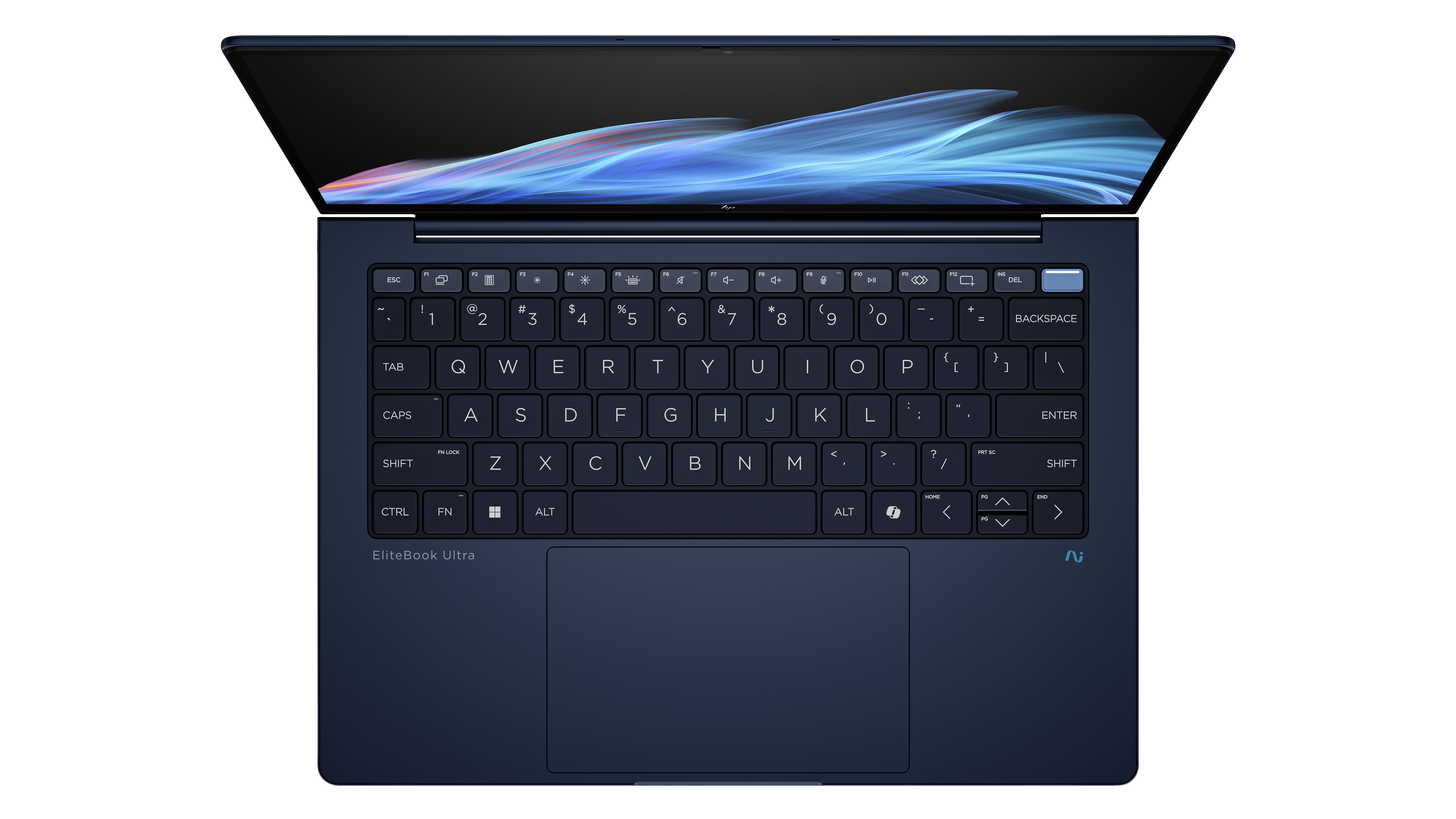 Draufsicht auf einen geöffneten, dunkelblauen Laptop mit Tastatur und Touchpad.