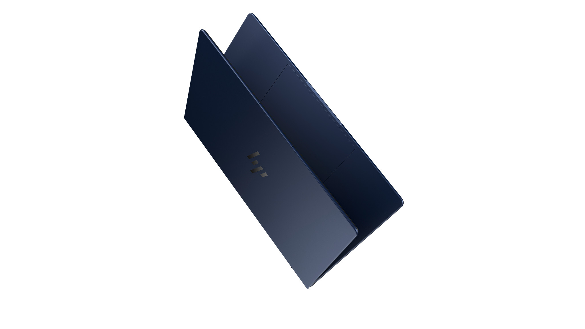 Dunkelblauer Laptop, in einem Winkel geöffnet, mit einem Symbol. Weißer Hintergrund.