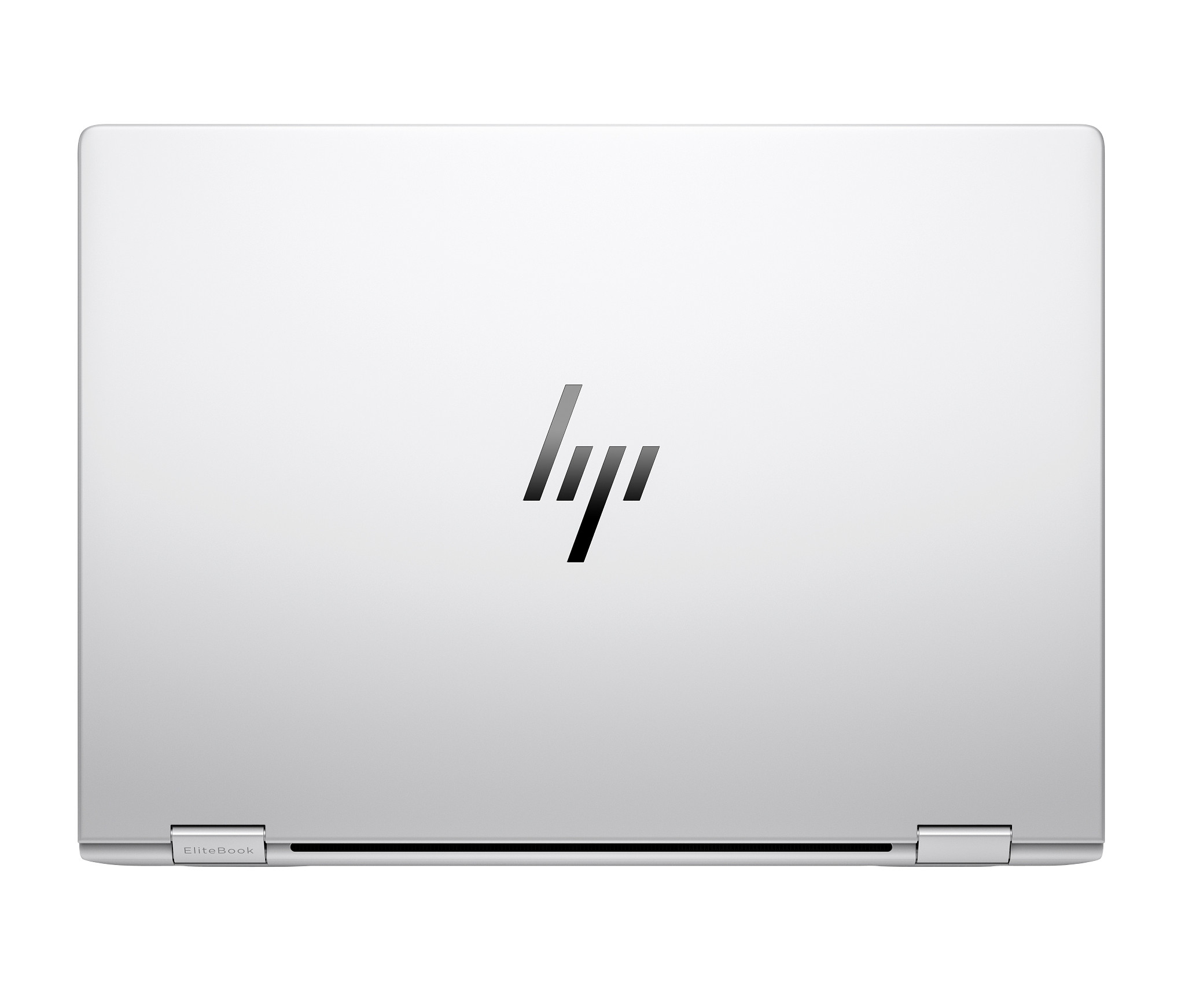Weißer Laptop, geöffnet, HP-Logo auf der Rückseite, Winkelansicht.