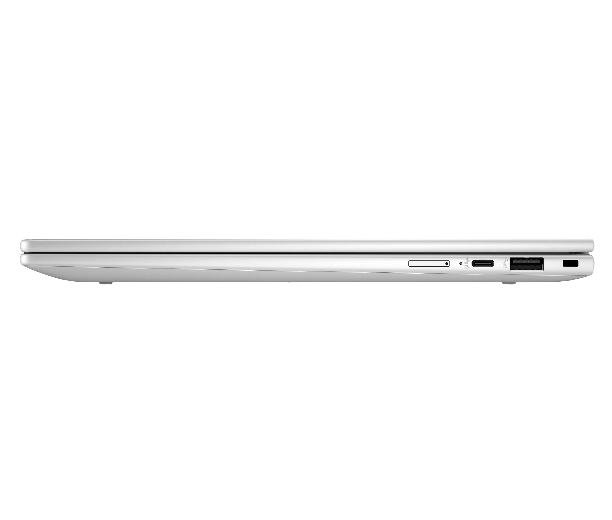 Seitenansicht eines silbernen Laptops auf weißem Untergrund.
