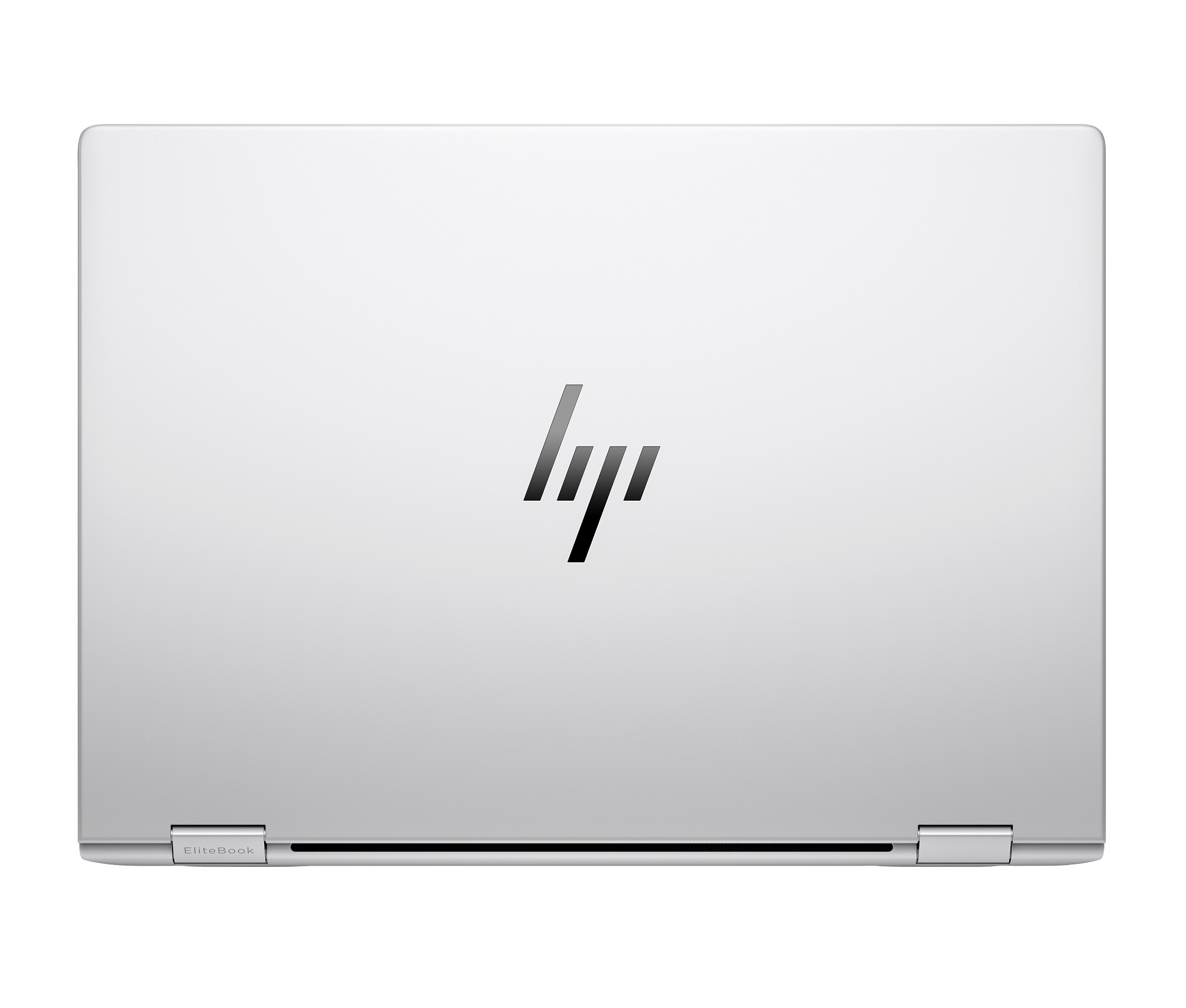 Silberner Laptopdeckel geschlossen, HP-Logo auf dem Deckel, weißer Hintergrund.