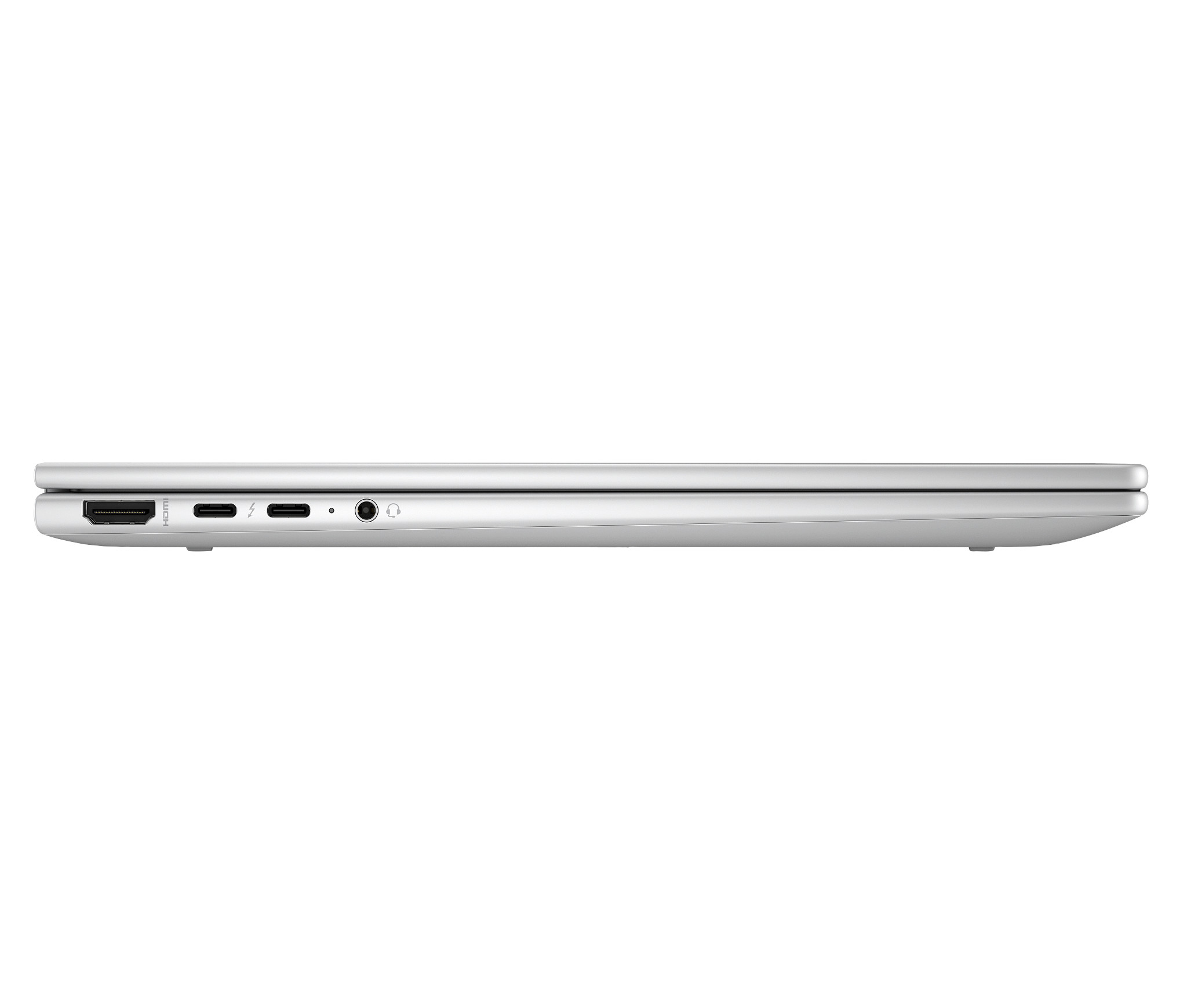 Seitenansicht des Laptops, silber, Anschlüsse sichtbar, weißer Hintergrund.