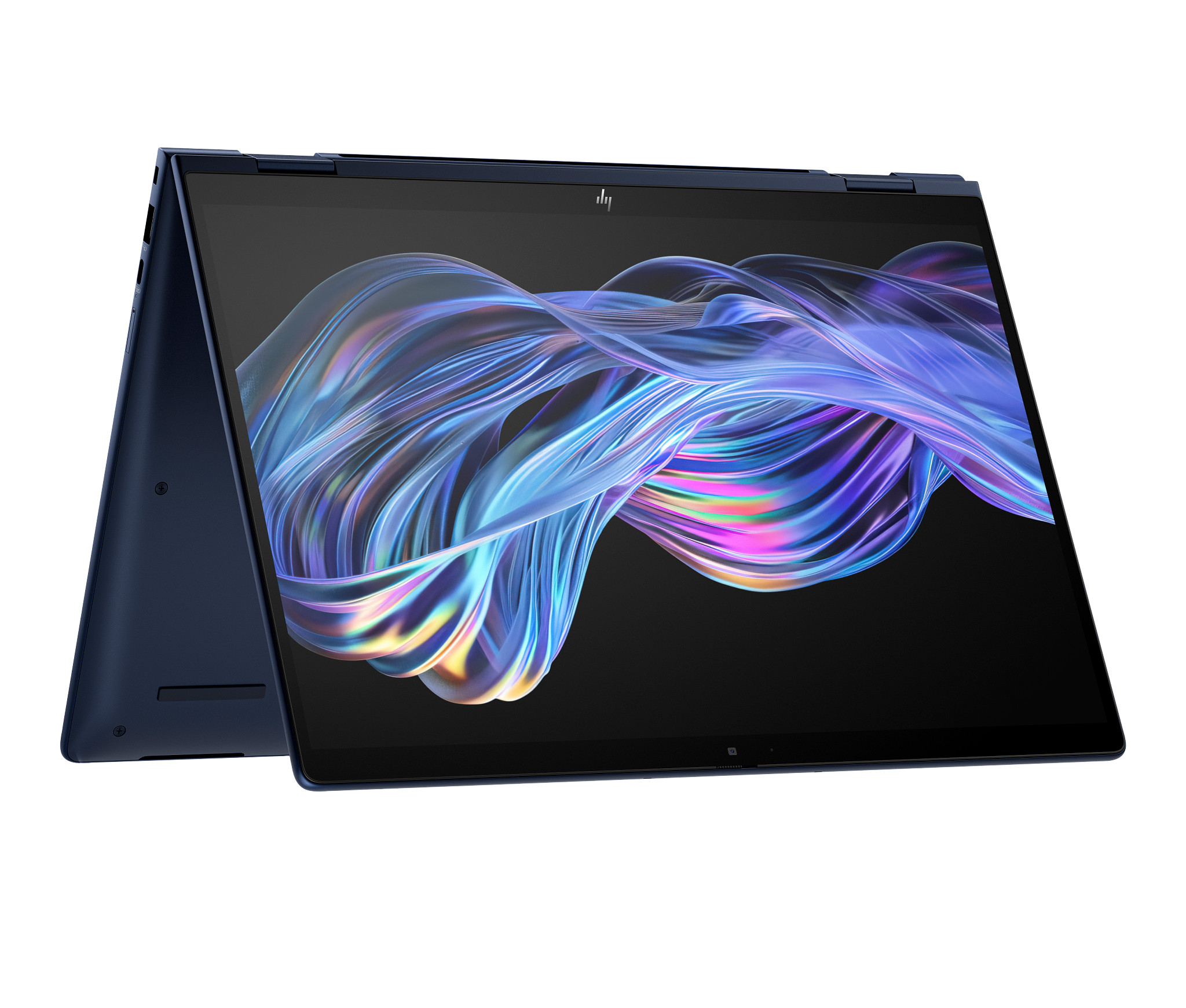 Dunkelblauer Laptop, geöffnet mit abstraktem Design. Basis vor weißem Hintergrund.