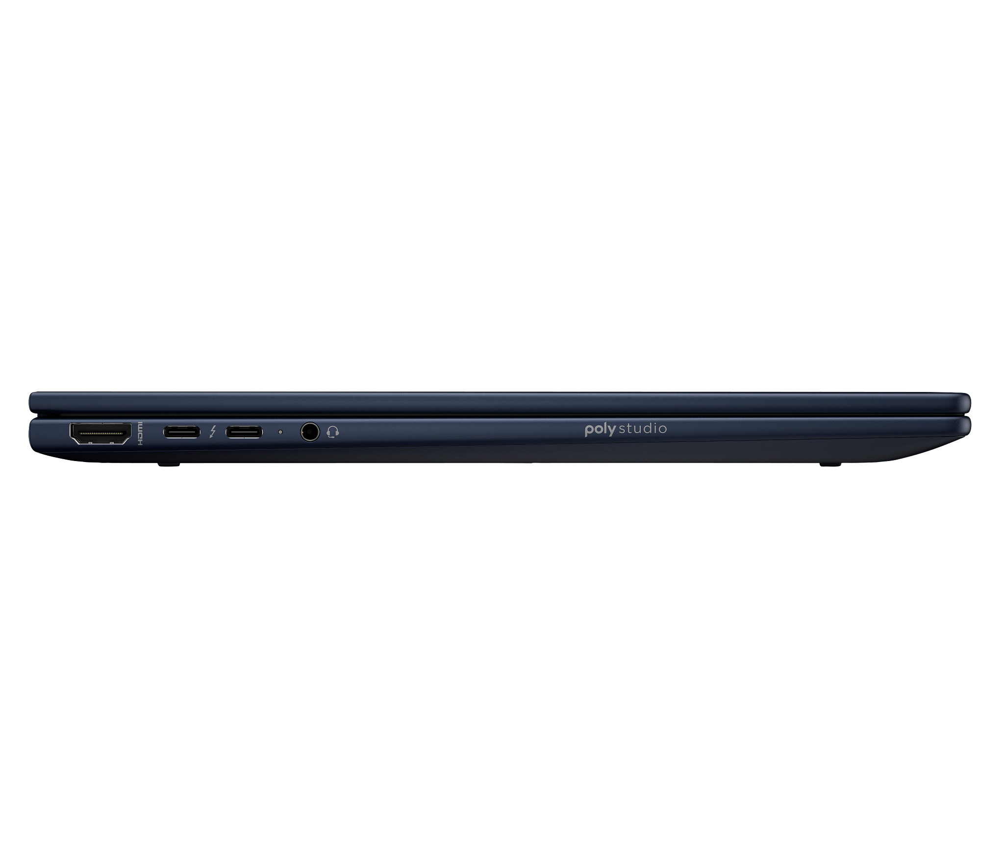 Dunkelblauer Laptop schräg geöffnet. Bildschirm zeigt farbenfrohes, abstraktes Design.