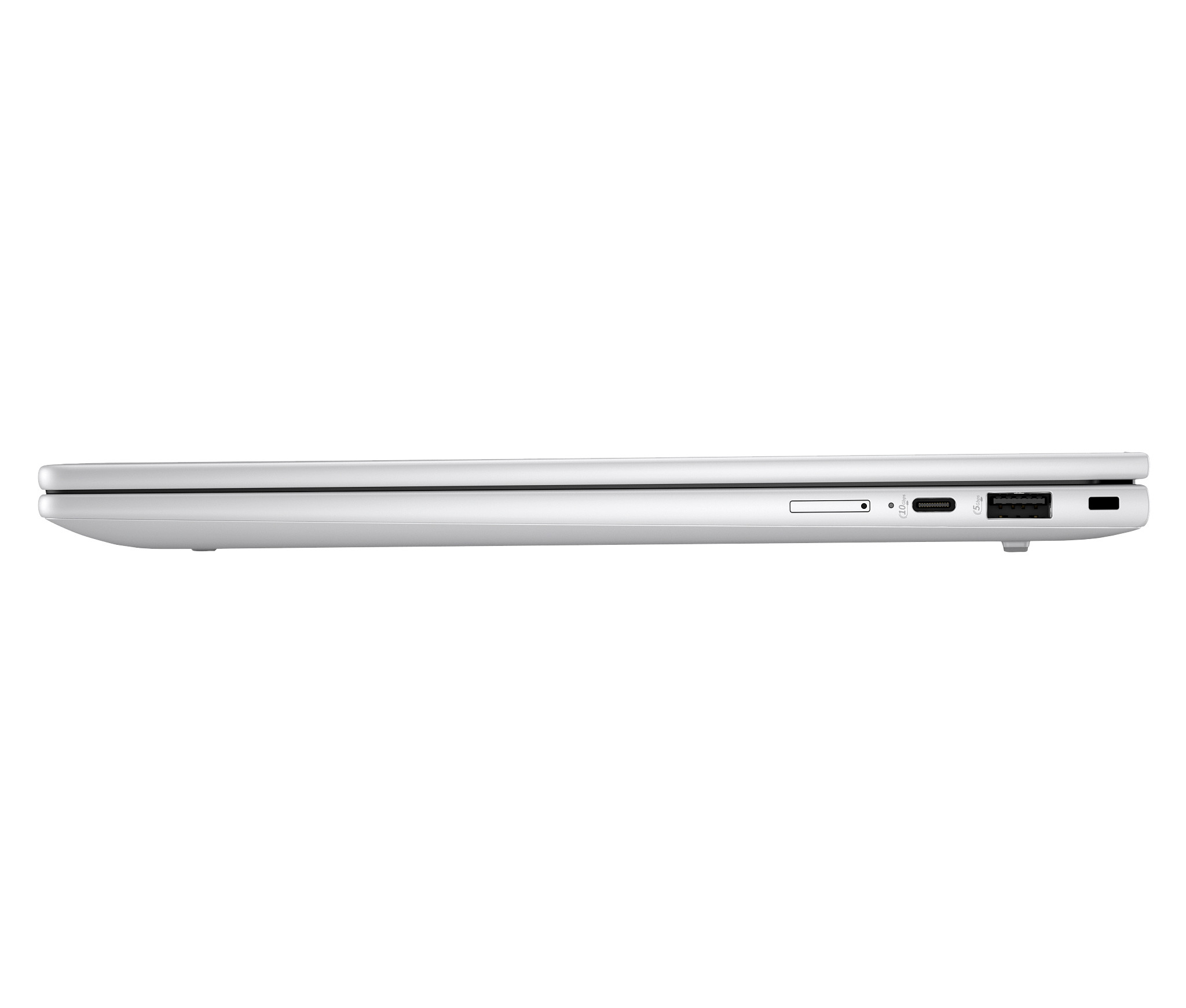 Silberner Laptop, Seitenansicht, Anschlüsse rechts sichtbar. Weißer Hintergrund.